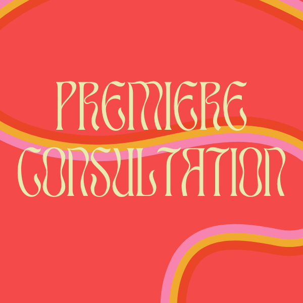 Texte indiquant 'Première Consultation' sur un fond coloré avec des lignes ondulées colorées.