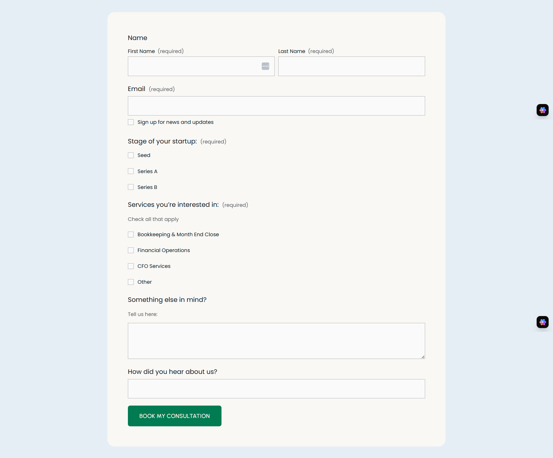 booking form example on a contact page of a website