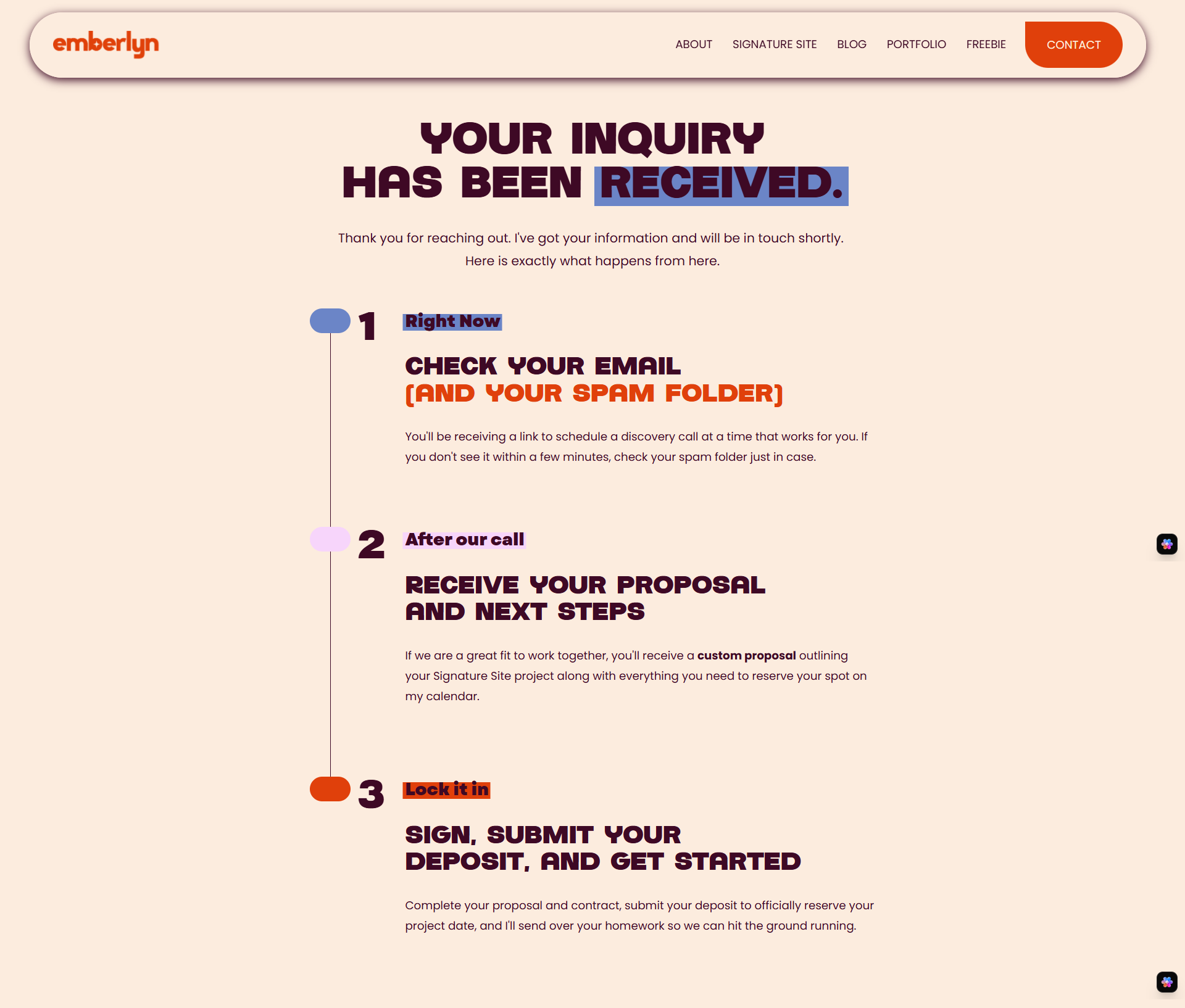 screenshot of thank you page for inquiry form