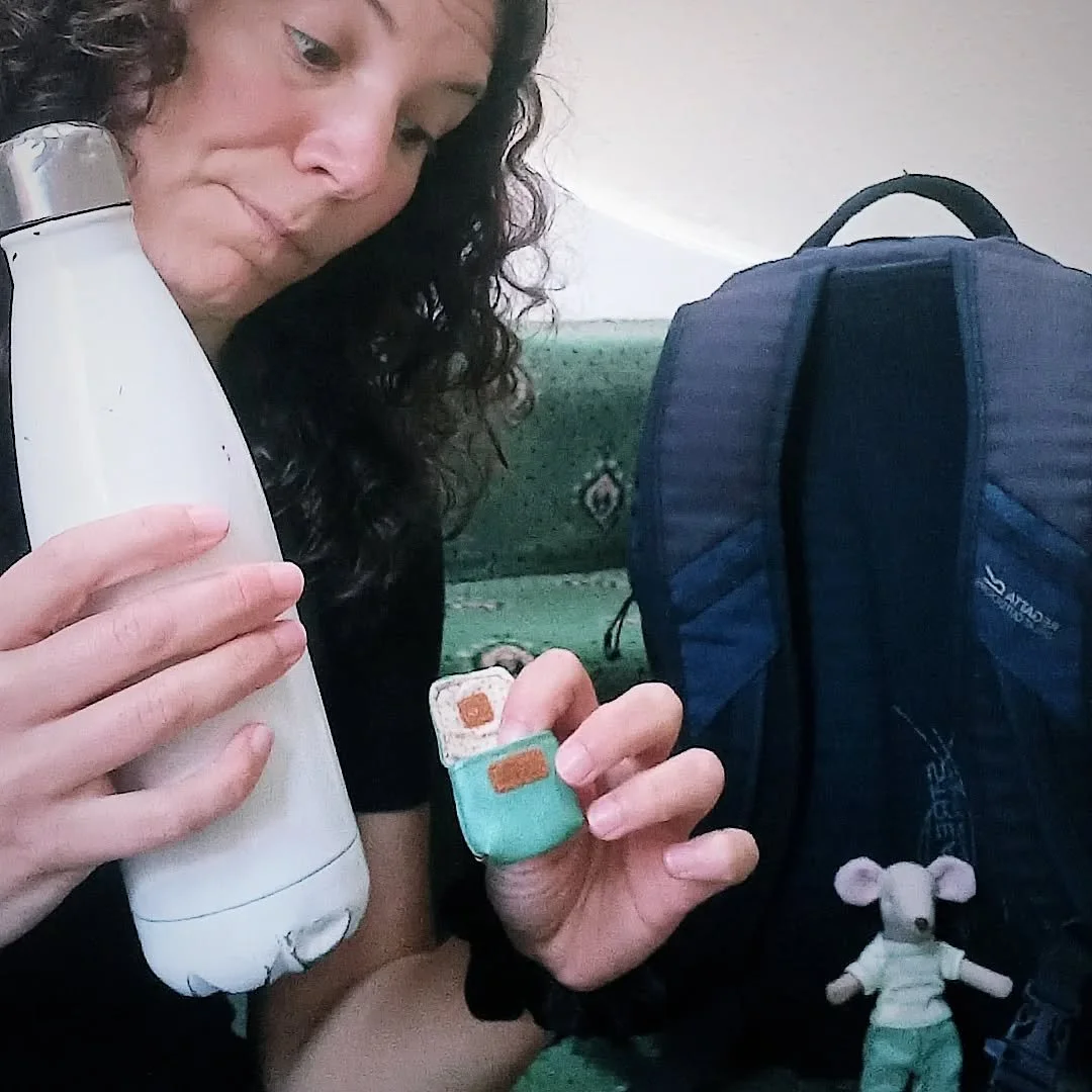 IMAGINATION - Child feels powerless

Sometimes I come up with problems like this⬆️

'Oh.. i have a problem here.. mouse has my backpack because he likes it so much! He has lended his bagpack to me but i don't know how my bottle will fit... 

The answ
