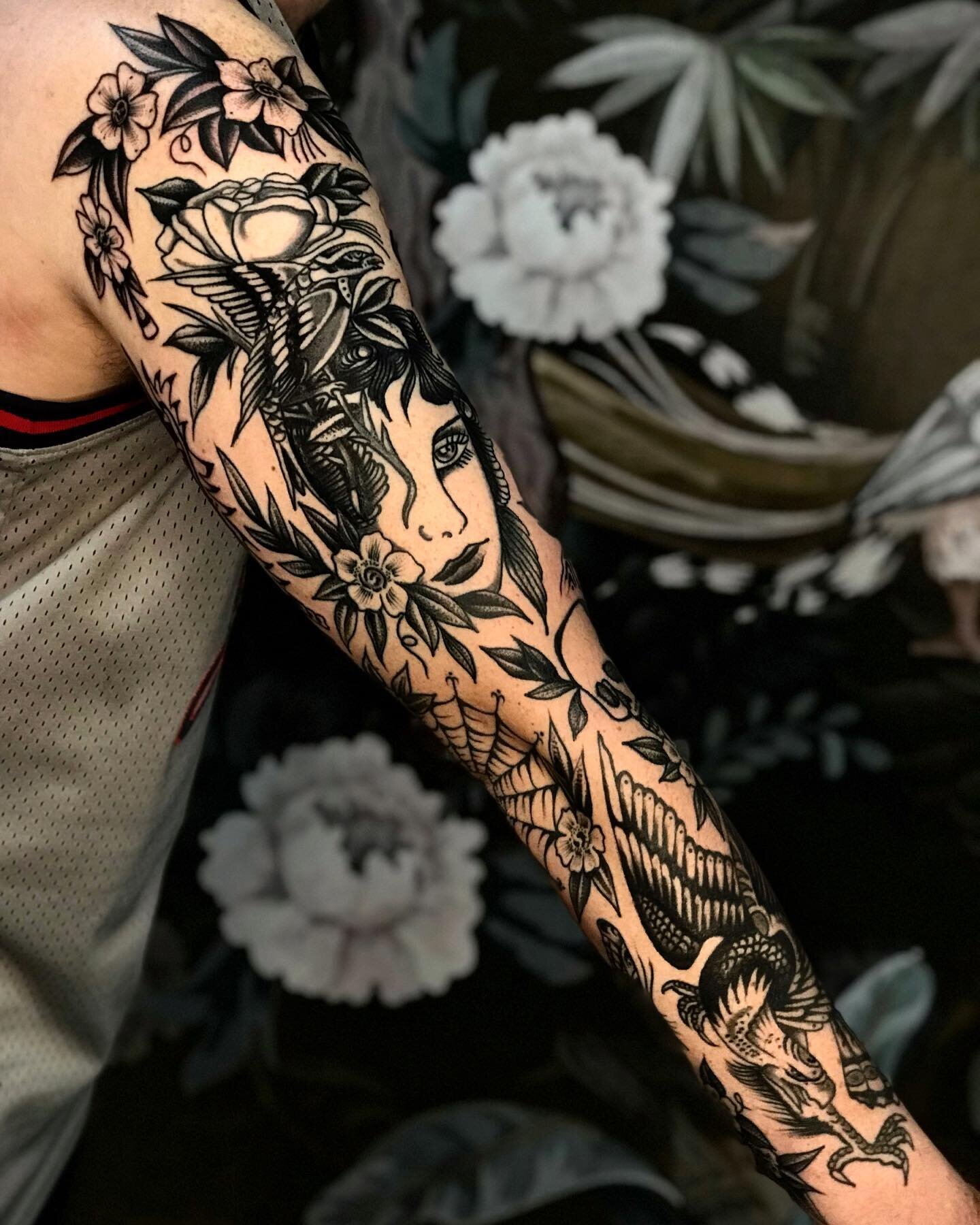 Completed sleeve on John thank you so much my friend it&rsquo;s been such a fun project!! @mans_ruin_tattoo  everything healed except parrot and dragon head.