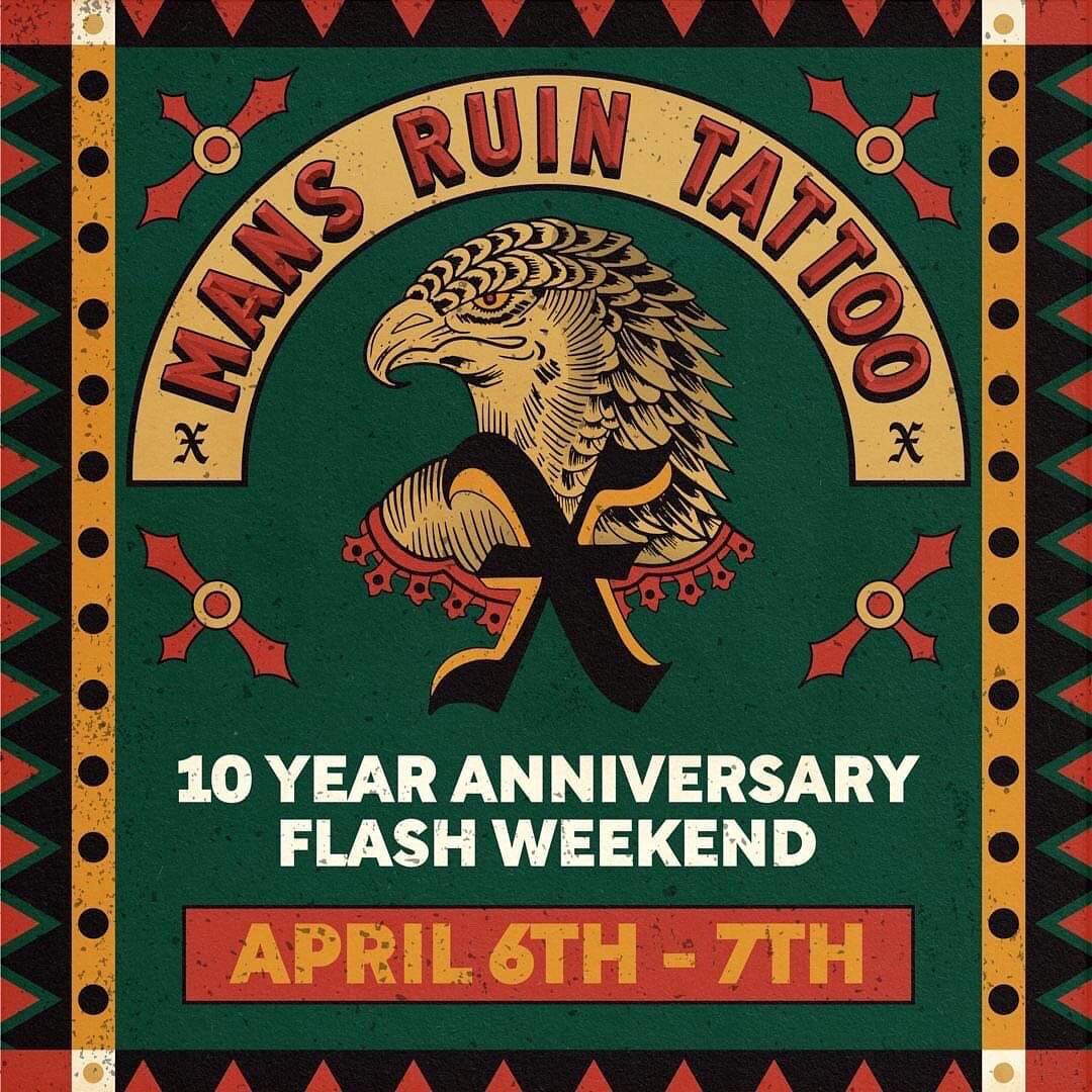 ✨ Celebrating 10 years of @mans_ruin_tattoo alongside amazing people ❤️ 
Flash day will be held next weekend over 2 days and I&rsquo;ll be working on the Sunday 7th! 🙈 
I hope to see many of you and hope we can share an incredible time over tattoos 