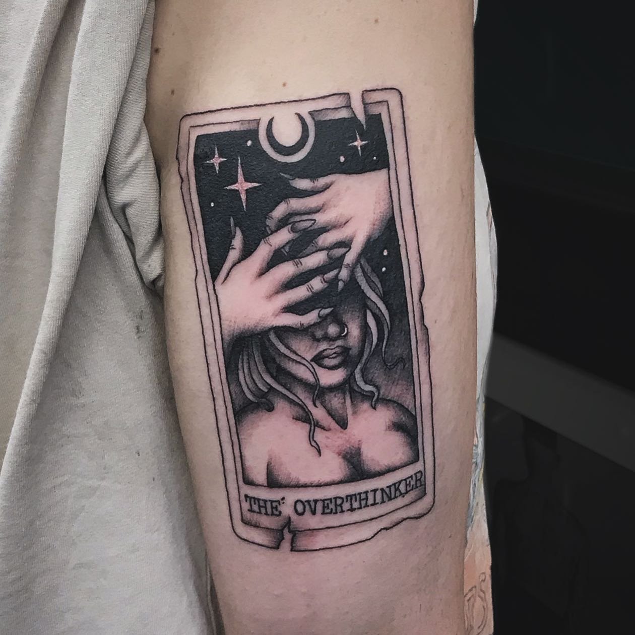 The Overthinker, for @adina_rad17 🃏&hearts;️
Thankyou so much!
Made at @mans_ruin_tattoo, messages always welcome.

#tarotcard #tarottattoo #tarot #witchythings #blackandgreytattoo #melbournetattoo #melbournetattooist #dynamicink