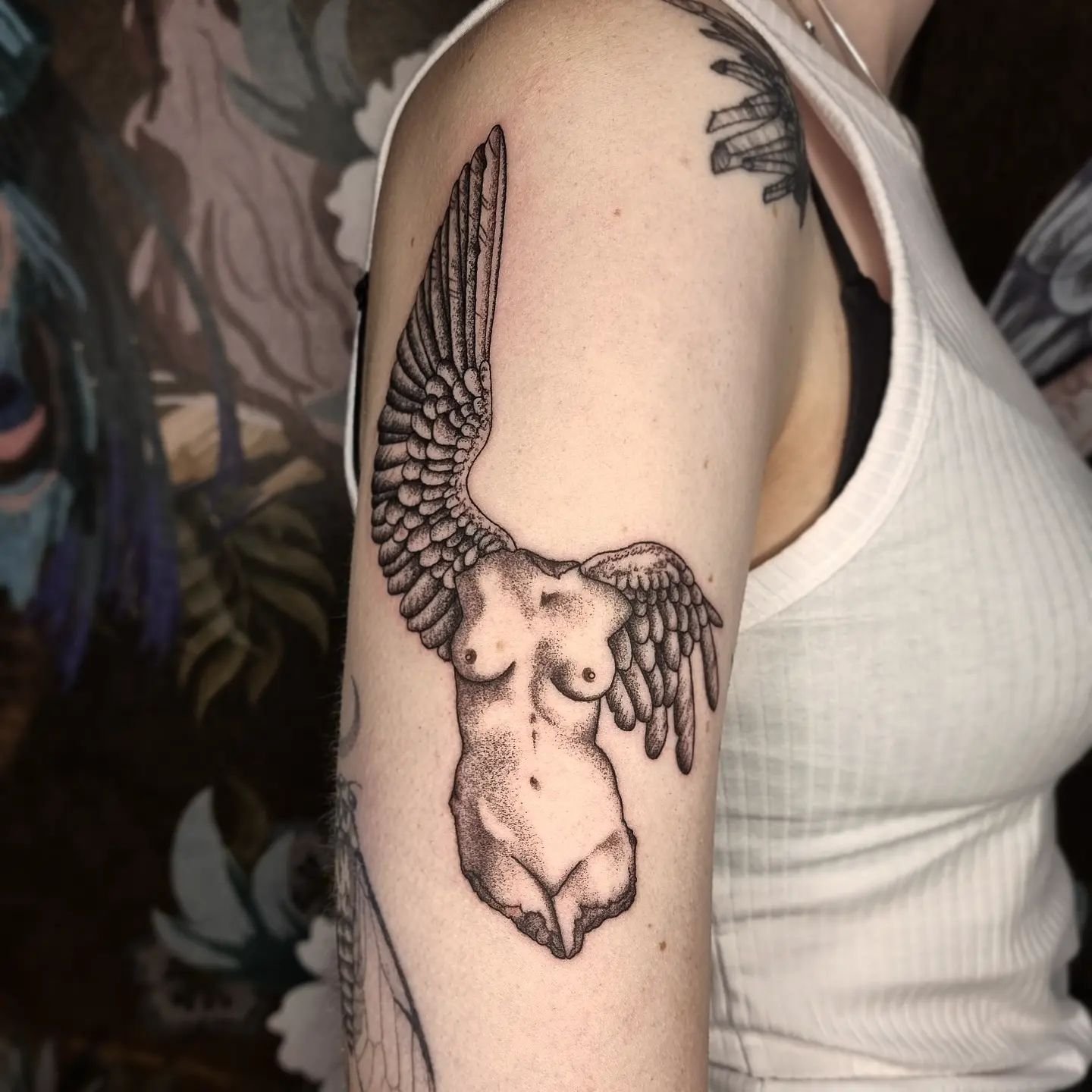 A broken angel for @h.k.tubb Thank you so much for getting this tattooed, it fits so well on your arm ❤️❤️
.
.
.
.
.
#angeltattoo #mythologytattoo #illustrativetattoo #illustrationtattoo #melbournetattooist #melbournetattoo  #dotworktattoo #blackandg