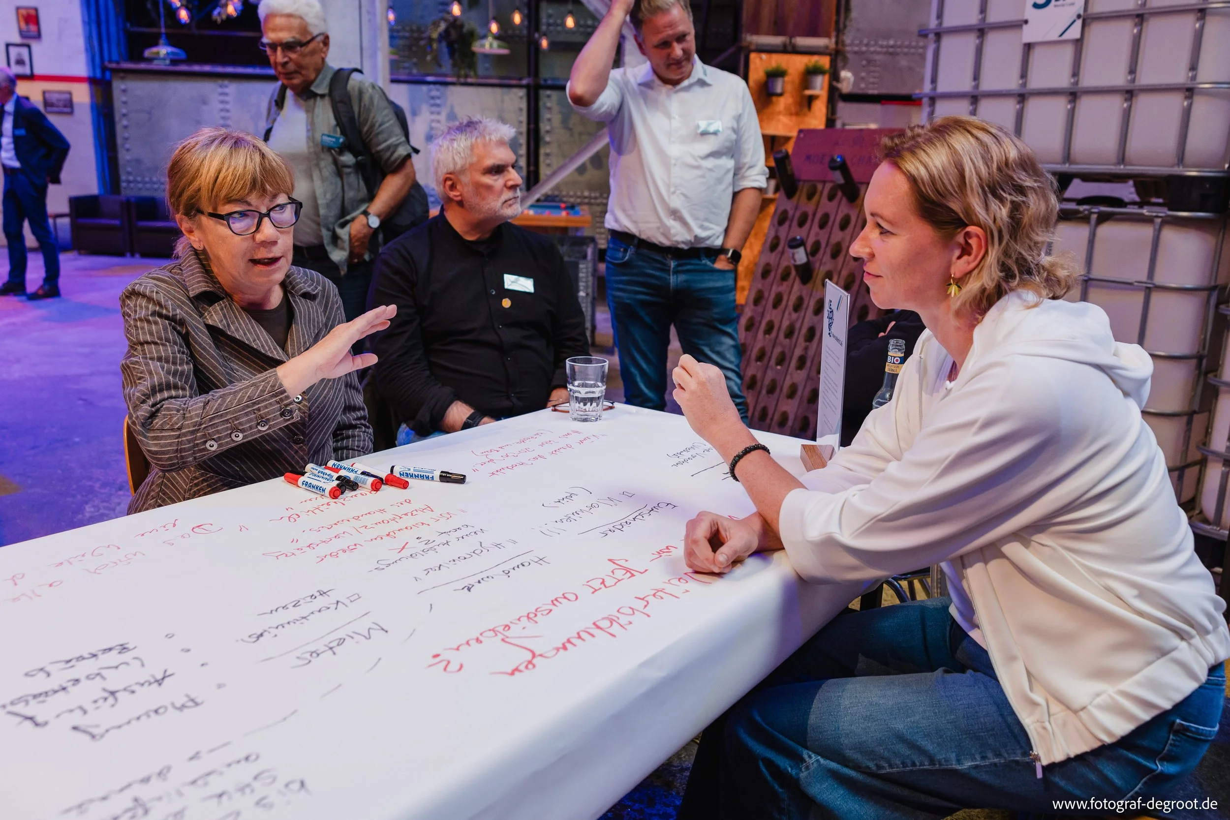 Menschen bei einer Diskussion an einem Tisch mit Whiteboard, das mit roten und schwarzen Markierungen vollgeschrieben ist.