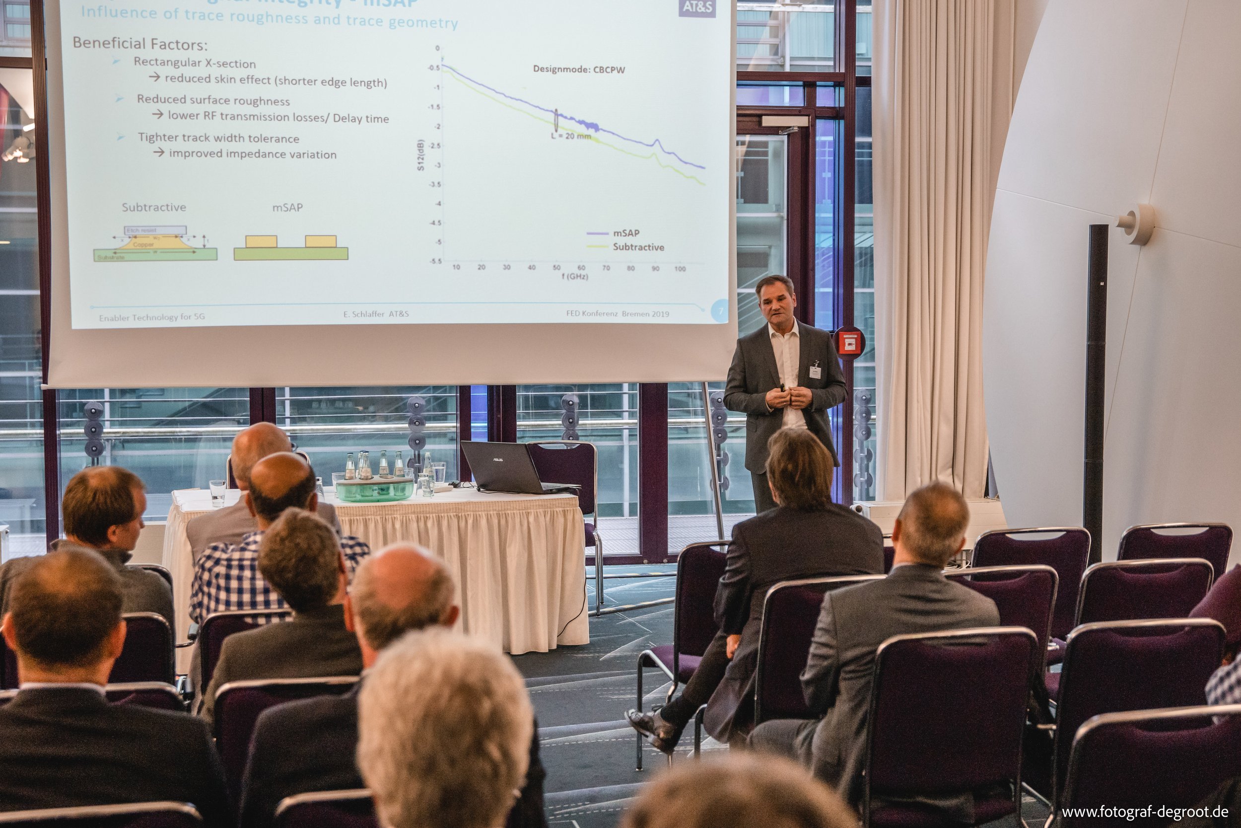 Ein Mann in einem Anzug hält einen Vortrag vor einer Gruppe von Menschen in einem Konferenzraum. Ein Projektor zeigt eine Präsentation mit Graphen und Text. Im Hintergrund sind Fenster zu sehen.