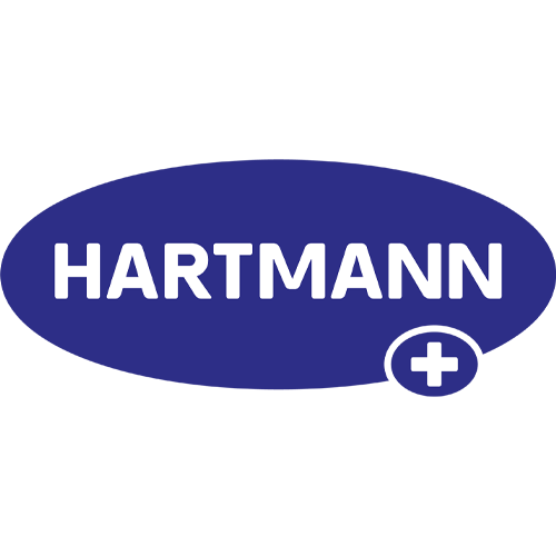 Ein blauer ovaler Hintergrund mit dem weißen Text "HARTMANN" und einem kleinen weißen Kreuz in einem Kreis darunter. - Referenz Christian-Arne de Groot