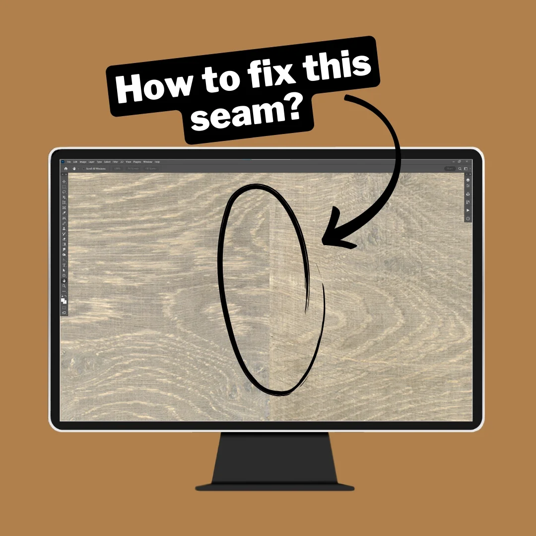 Computer screen showing a visible seam in a repeating wood texture before Photoshop correction