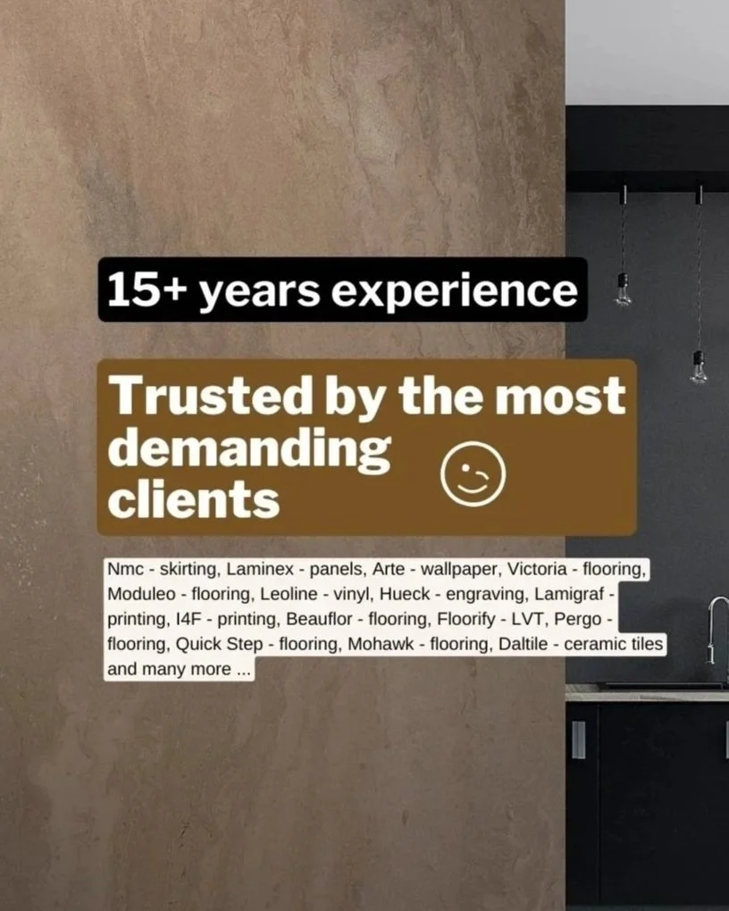 A promotional image highlighting over 15 years of experience and trust from demanding clients in the flooring and wall panel industry, with a list of various products and services offered.