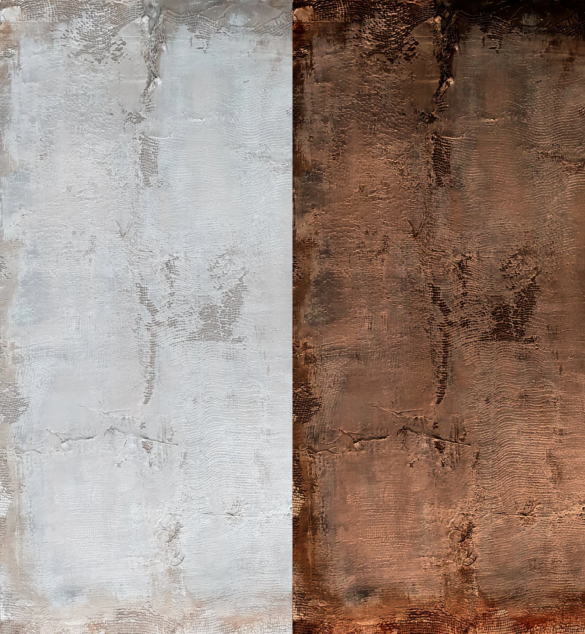 Comparison of two textured surfaces, one painted white and the other painted brown, both with fossil-like footprints embedded in the surface.
