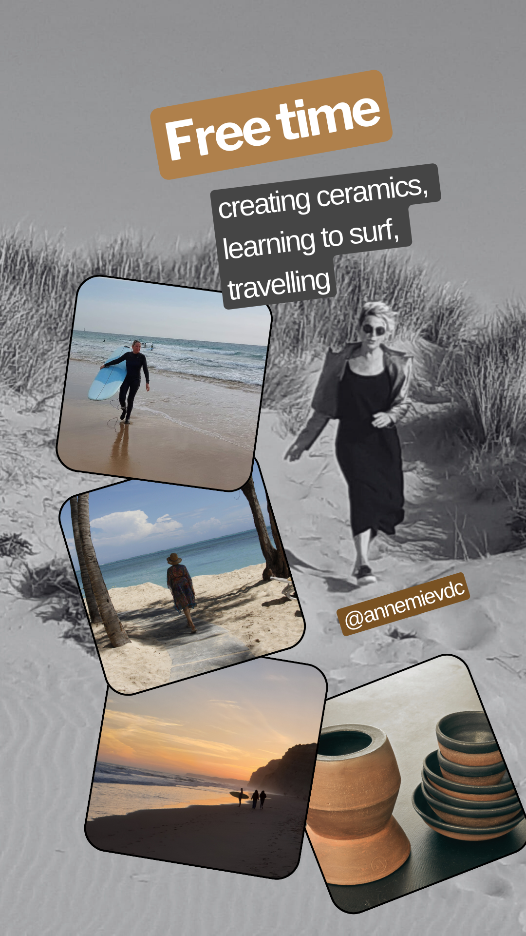 Collage of beach and pottery images with text promoting free time activities like creating ceramics, surfing, and traveling. The collage includes a woman walking on the beach at sunset, a person with a surfboard at the beach, a woman walking on a sandy path under palm trees, and a stack of pottery bowls.