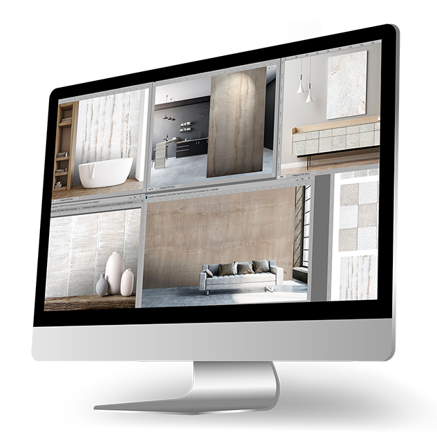 Computer mockup showing interior surface design result for a Photoshop texture support session