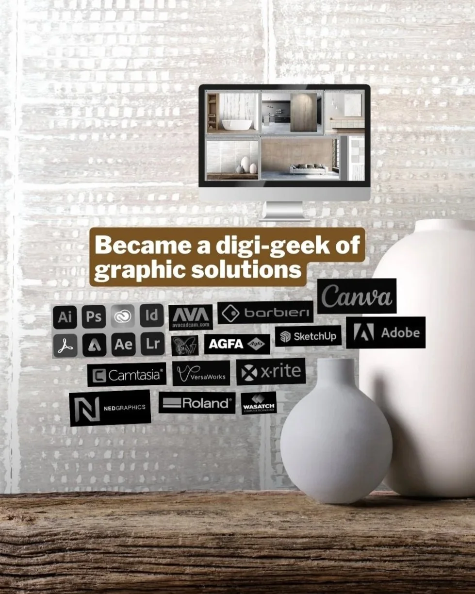 A graphic promoting graphic design software tools, featuring a computer monitor displaying interior design images, with the text 'Became a digi-geek of graphic solutions' and logos of various design software including Adobe Photoshop, Illustrator, InDesign, Canva, SketchUp, and others, placed on a rustic wooden surface with white decorative vases.