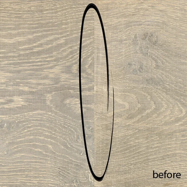 A wooden surface with a black oval outline drawn on it and the word 'before' in the bottom right corner.