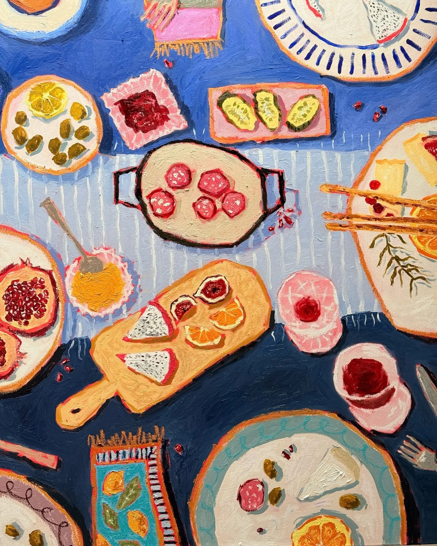 Happy Friday!! &lsquo;The Table Between Us&rsquo; is now available for you to purchase online 🥹🫶🏻🧀🍇🍊🫒.. inspired loosely by Turkish breakfasts, celebrating the social ritual centred around community, hospitality and enjoyment of food. 
-
36 x 