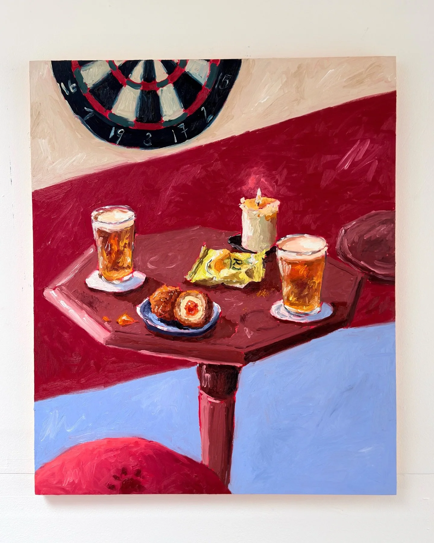 &lsquo;Scampi Fries &amp; Bullseye&rsquo; &hellip; My second painting in the new British pub series. What would be on your pub table?
-
20 x 24 inches 
Oil on wooden board
Available soon 🟢
-
Thank you @samaharris for the beautiful photo reference of