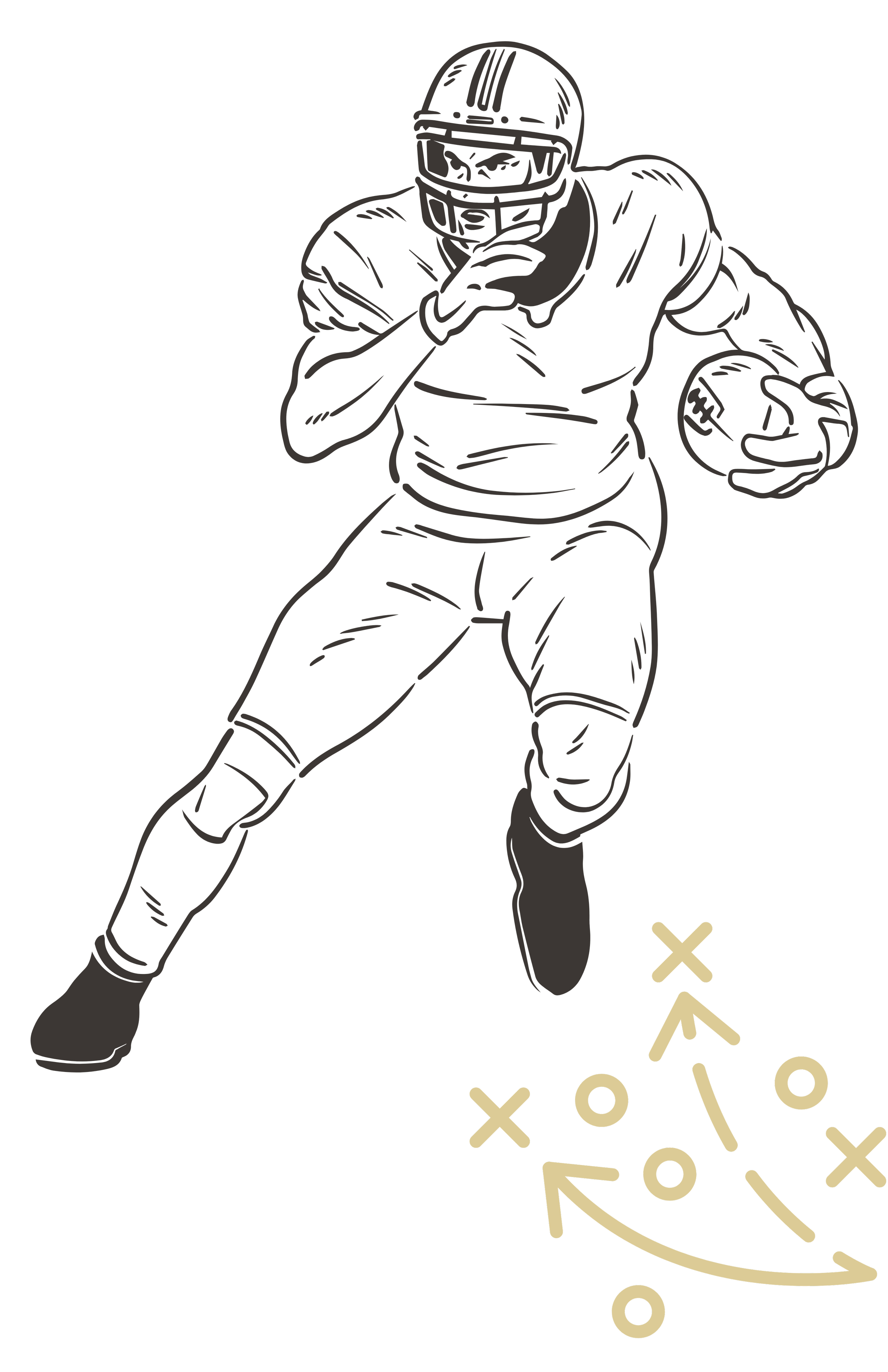Illustration of a football player running with a ball, along with a tactical diagram of game plays.