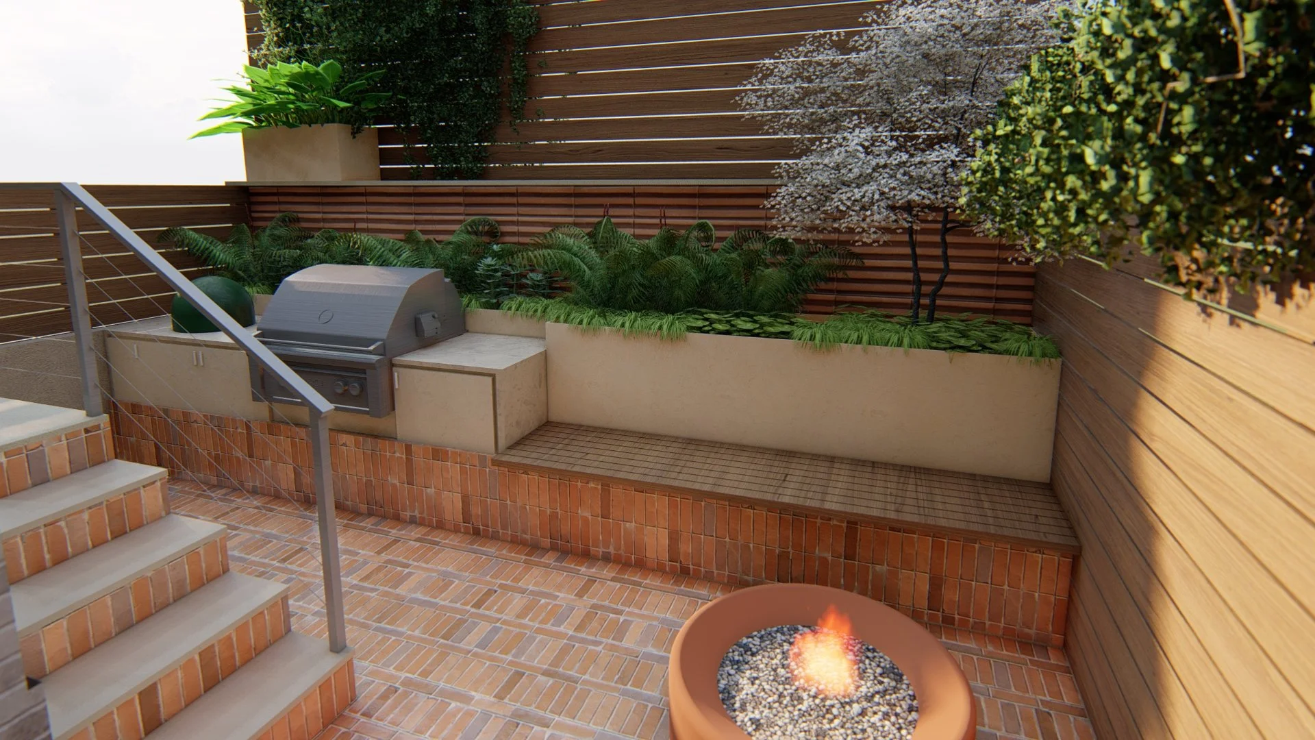 Small outdoor patio with brick flooring, a built-in grill, potted plants, a tree with white blossoms, a wooden fence, and a fire pit.