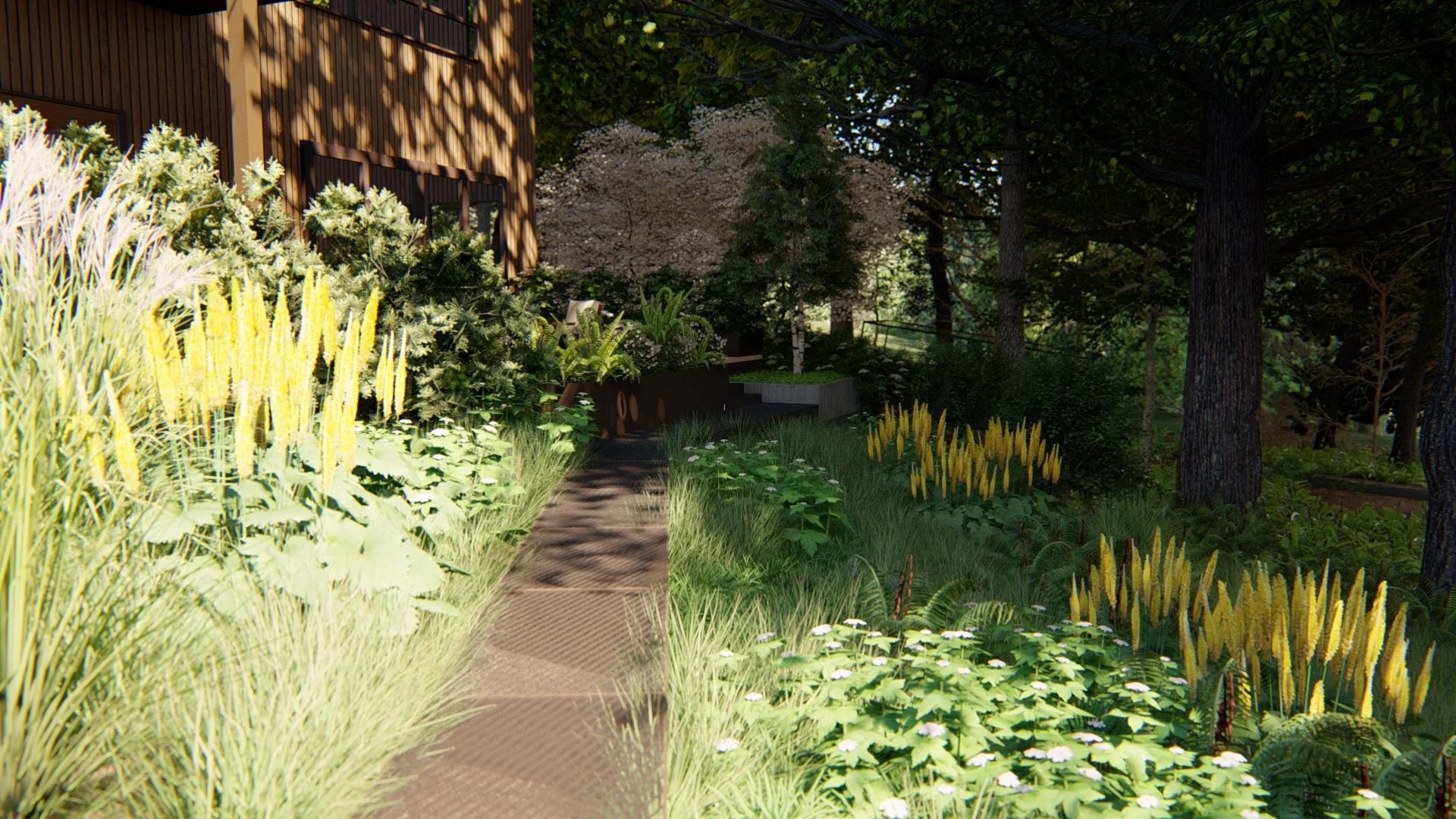 Rendering of grated steel pathway floating over lush woodland plantings, heading toward a patio with a modern house in the background