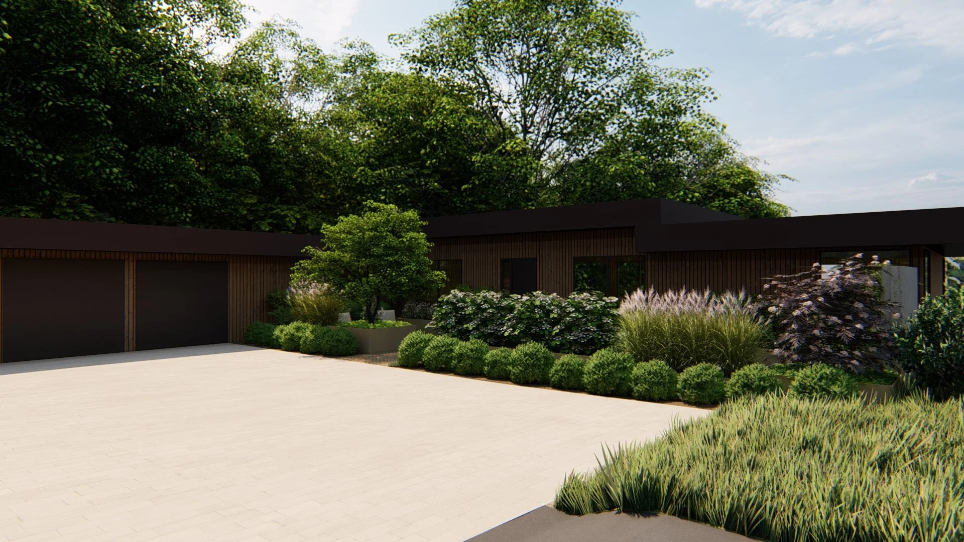 Rendering of a brick paved drive court to a wood-clad modern house, surrounded by wild grasses and other plantings.