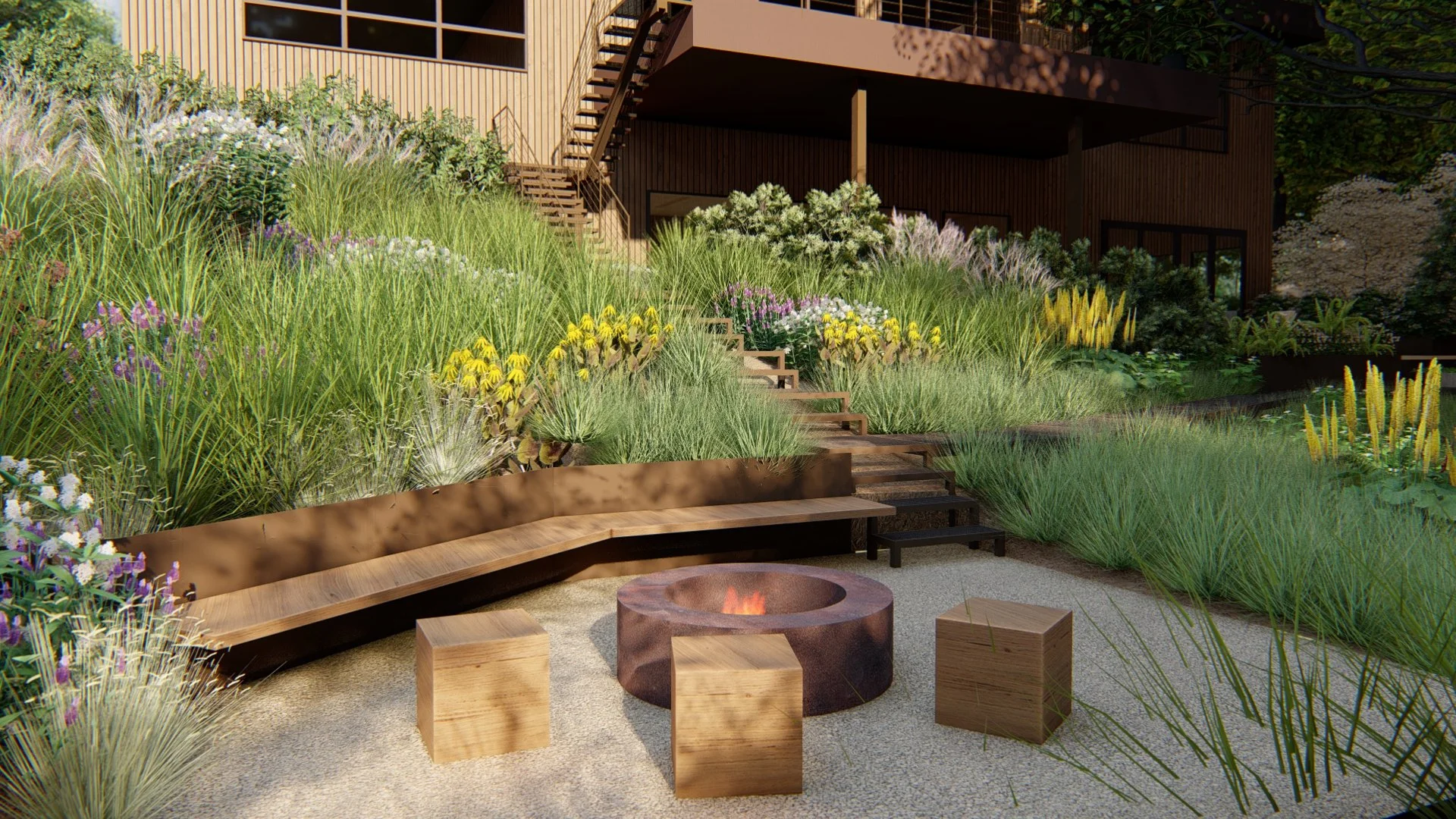 Rendering of a firepit with wood block stool seating and a long angled bench attached to a steel retaining wall, set in lush prairie plantings with steps up to a modern house.