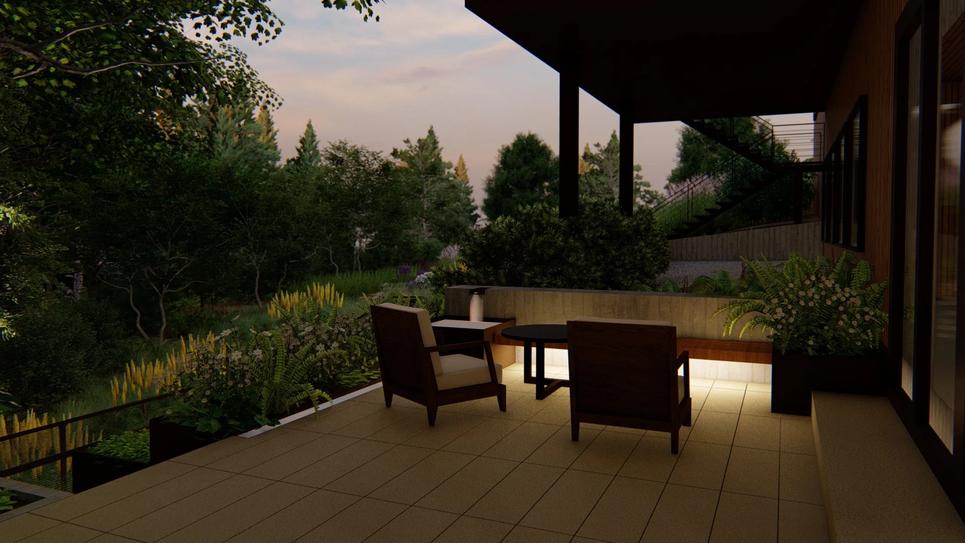 Rendering of a patio with beige rectangular pavers, chairs and a small table, bench seating with lights beneath it, overlooking lush green trees and shrubs during sunset.