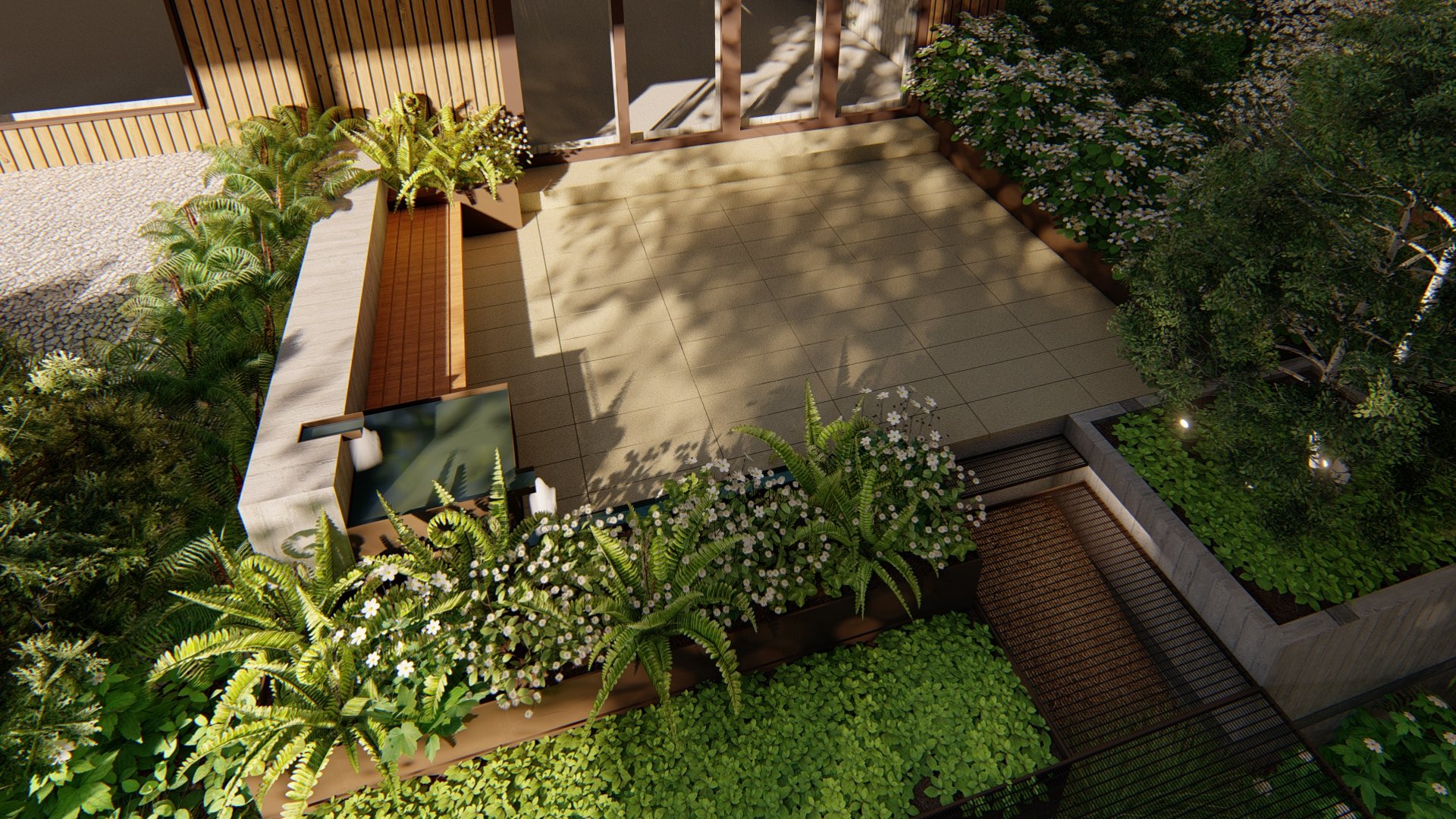 Rendering of a patio with beige rectangular pavers, surrounded by lush greenery and flowering plants, with a wooden bench along a concrete retaining wall, and grated steel steps.