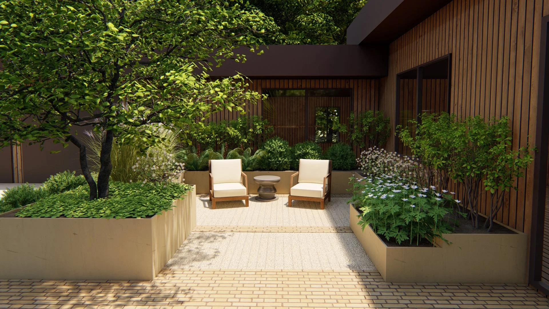 Rendering of a seating area in a courtyard of a modern house, with brick and gravel paving and large beige raised bed planter boxes with trees, shrubs, and groundcover.