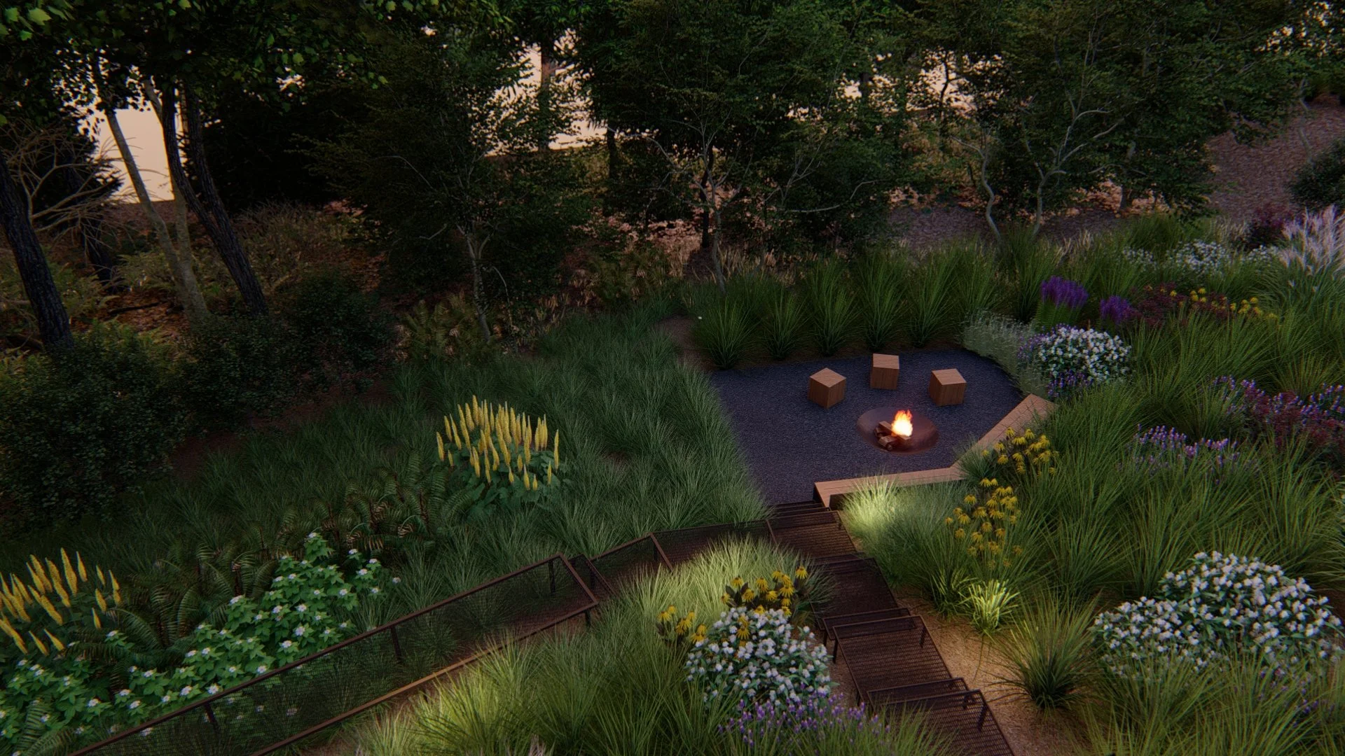 Rendering of a nighttime aerial view of a backyard garden with a fire pit surrounded by wooden stools and a wooden bench, lush green plants, colorful flowers, and tall trees in the background.