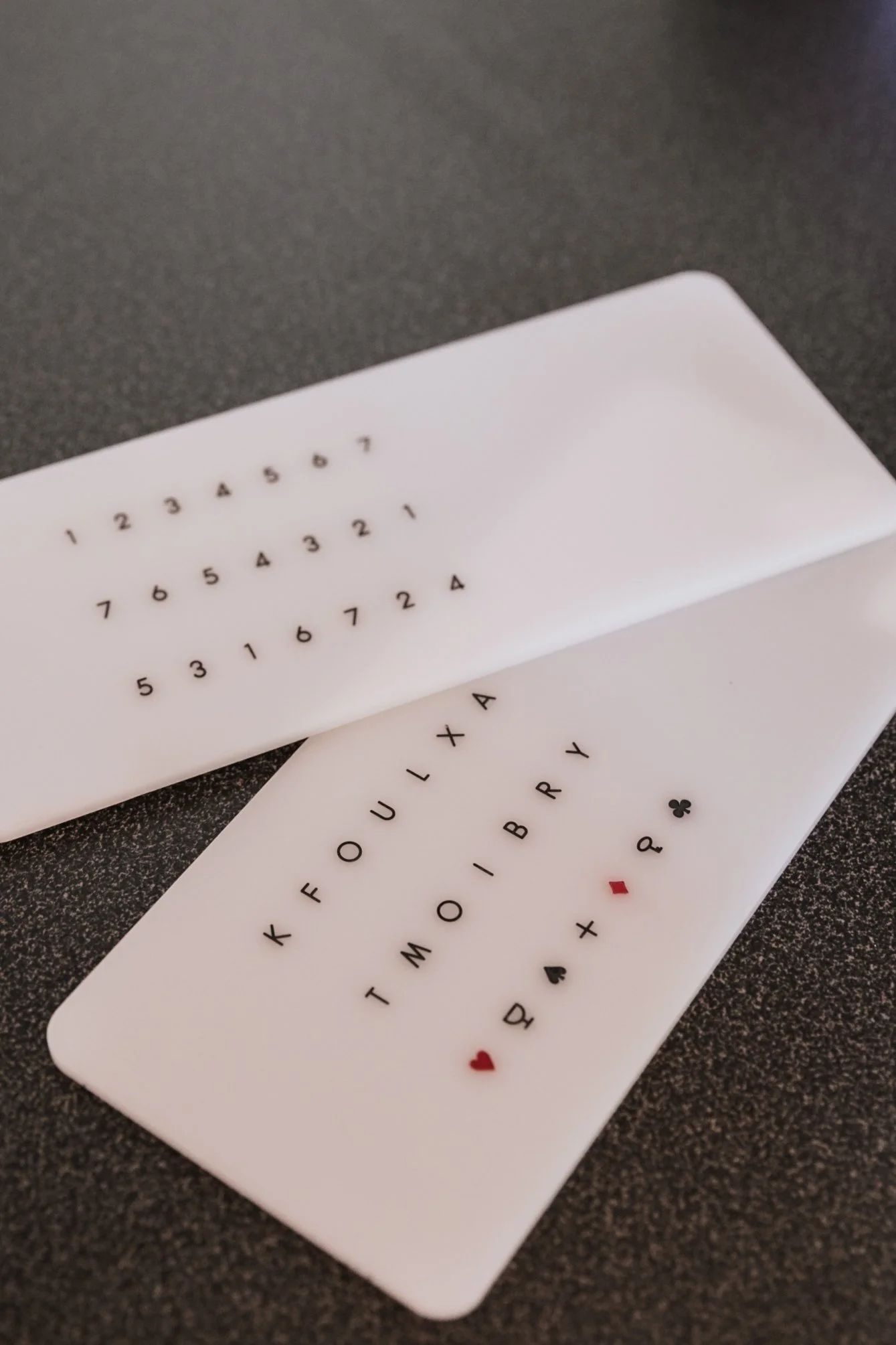 Deux cartes à jouer, une avec des lettres formant un message et l'autre avec des chiffres.