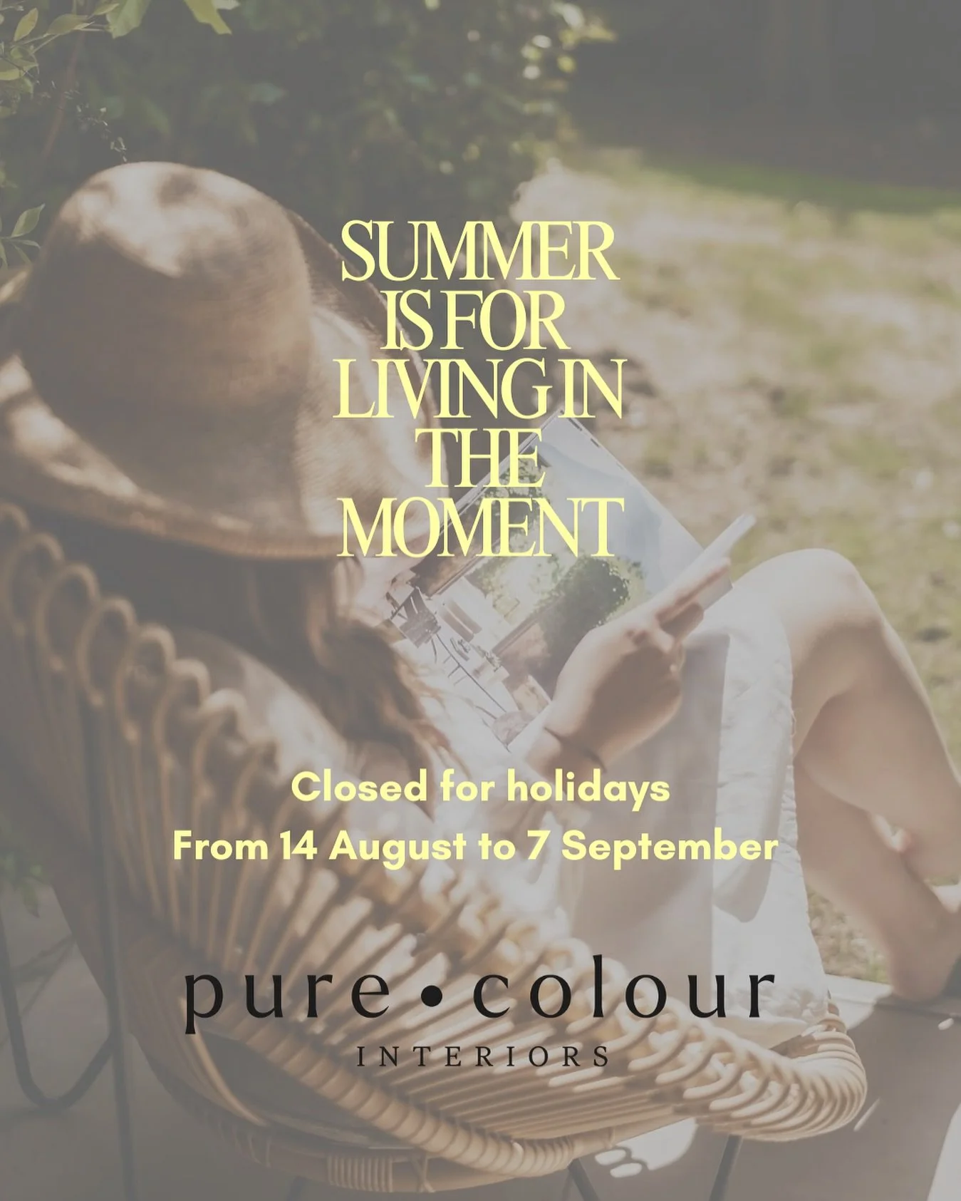 βοΈ
ππ. Pure Colour Interiors — Pausa de Verão
De 14 de Agosto a 7 de Setembro, estaremos a recarregar energias e a explorar novas inspirações. Regressamos em breve, com criatividade renovada.
ππ§. Pure Colour Interiors