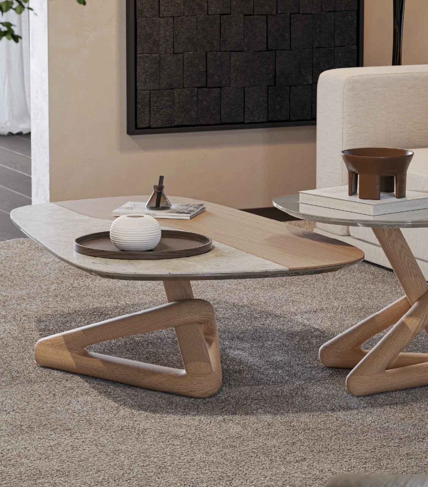 𝐏𝐭. Design escultural que transforma a sala num espa&ccedil;o mais harmonioso.
As mesas apresentam uma base em madeira trabalhada com linhas fluidas e um tampo elegante que combina materiais e tons suaves. Uma pe&ccedil;a de car&aacute;cter, pensad