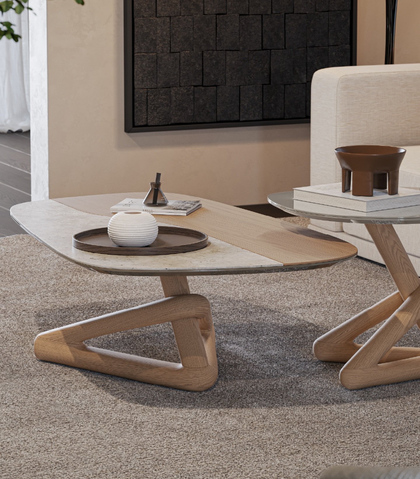 𝐏𝐭. Design escultural que transforma a sala num espa&ccedil;o mais harmonioso.
As mesas apresentam uma base em madeira trabalhada com linhas fluidas e um tampo elegante que combina materiais e tons suaves. Uma pe&ccedil;a de car&aacute;cter, pensad