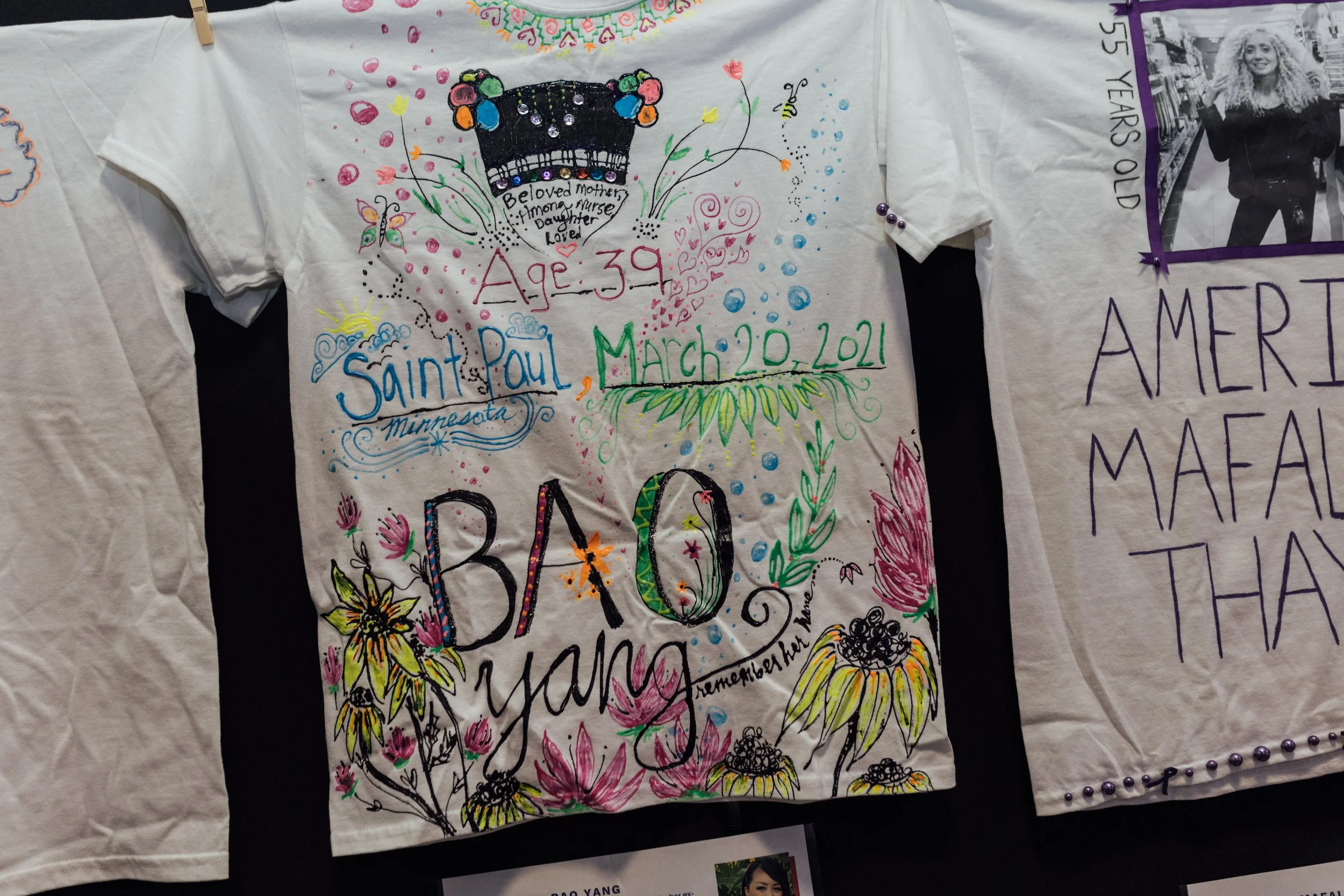 Colorful, hand-drawn quilt square with flowers, hearts, and text dedicated to a person named Biao, including the date March 20, 2021, and references to Saint Paul, Minnesota, with decorations and notes.