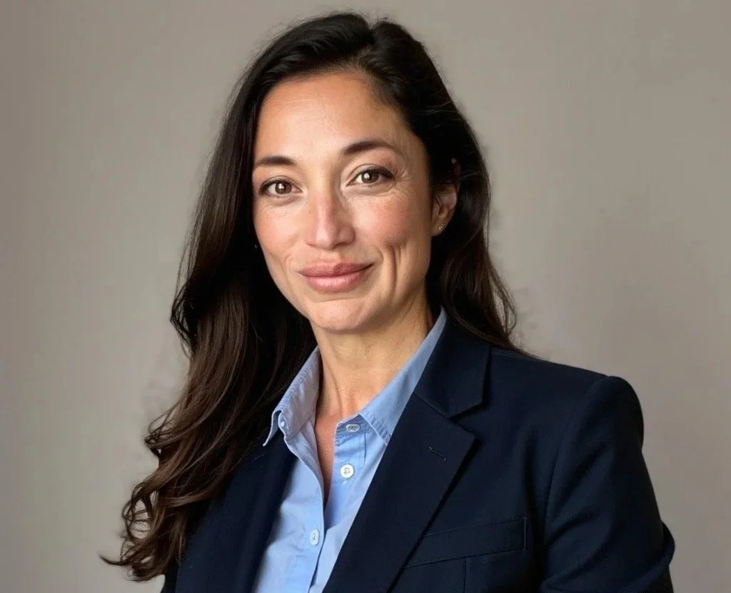 A woman with long dark hair wearing a dark blazer and light blue shirt, smiling and looking at the camera against a plain background.