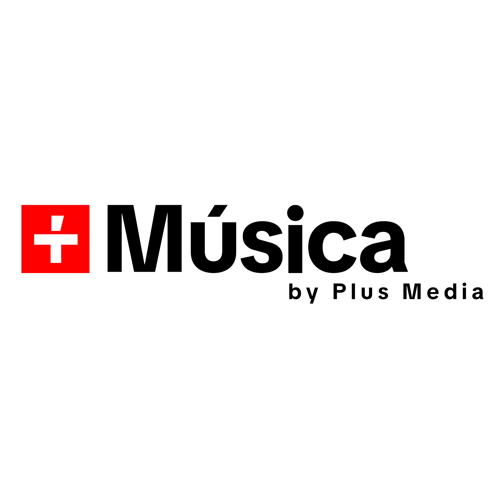 Logotipo del canal de televisión Música de Pus Medía, con un símbolo rojo a la izquierda y texto en negro a la derecha.
