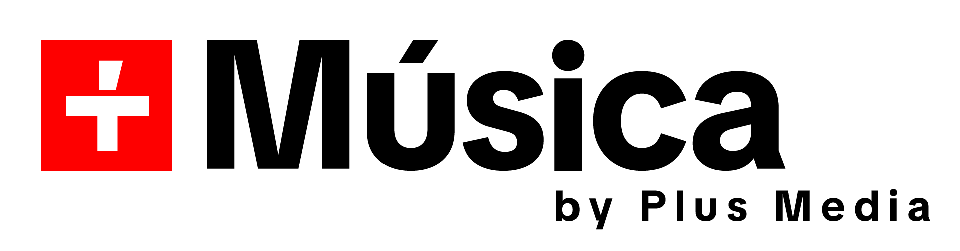 Logo que dice 'Música by Plus Media' con un símbolo de cruz en un cuadrado rojo a la izquierda.