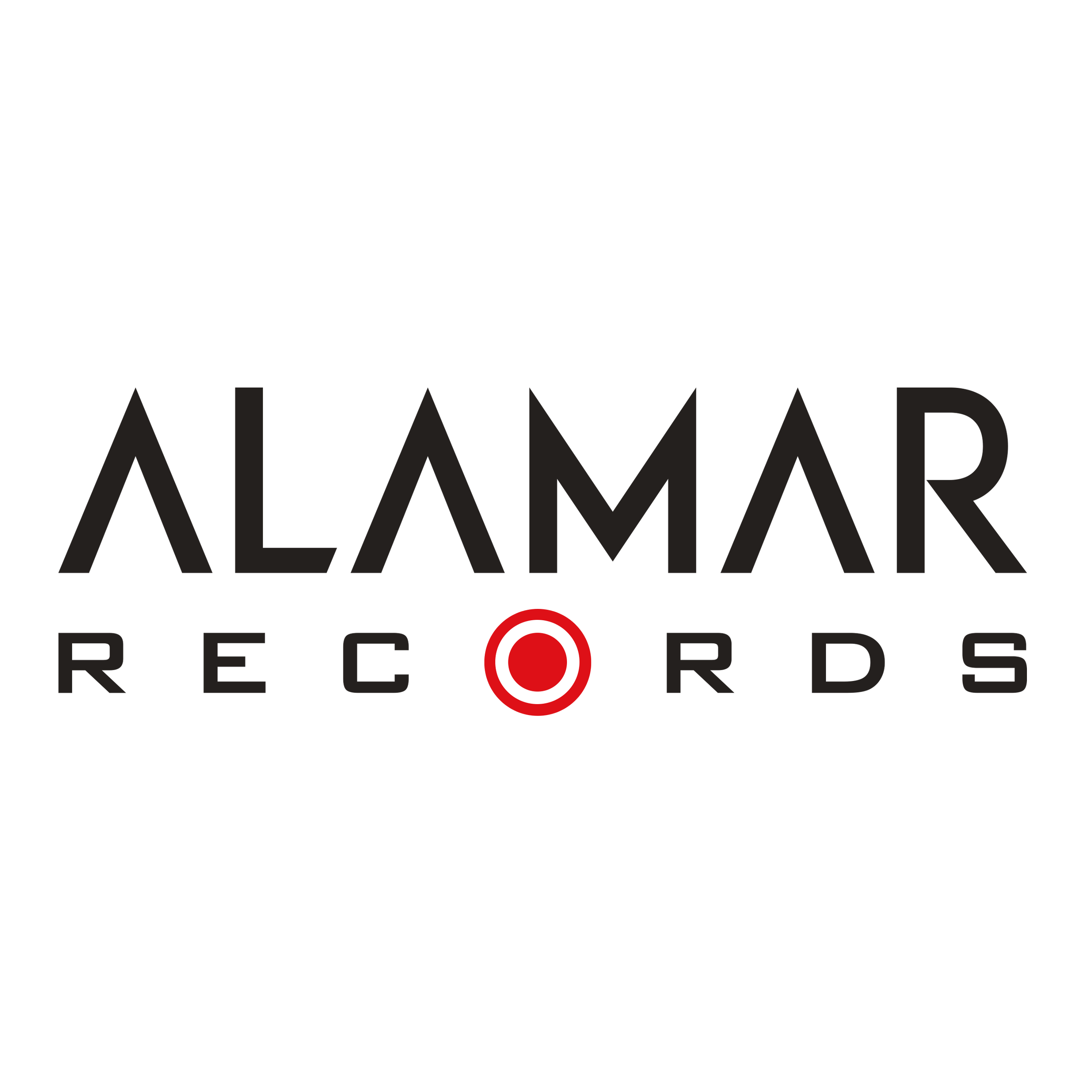 Logotipo de Alamar Records con letras negras y un símbolo de objetivo rojo y blanco en el centro.