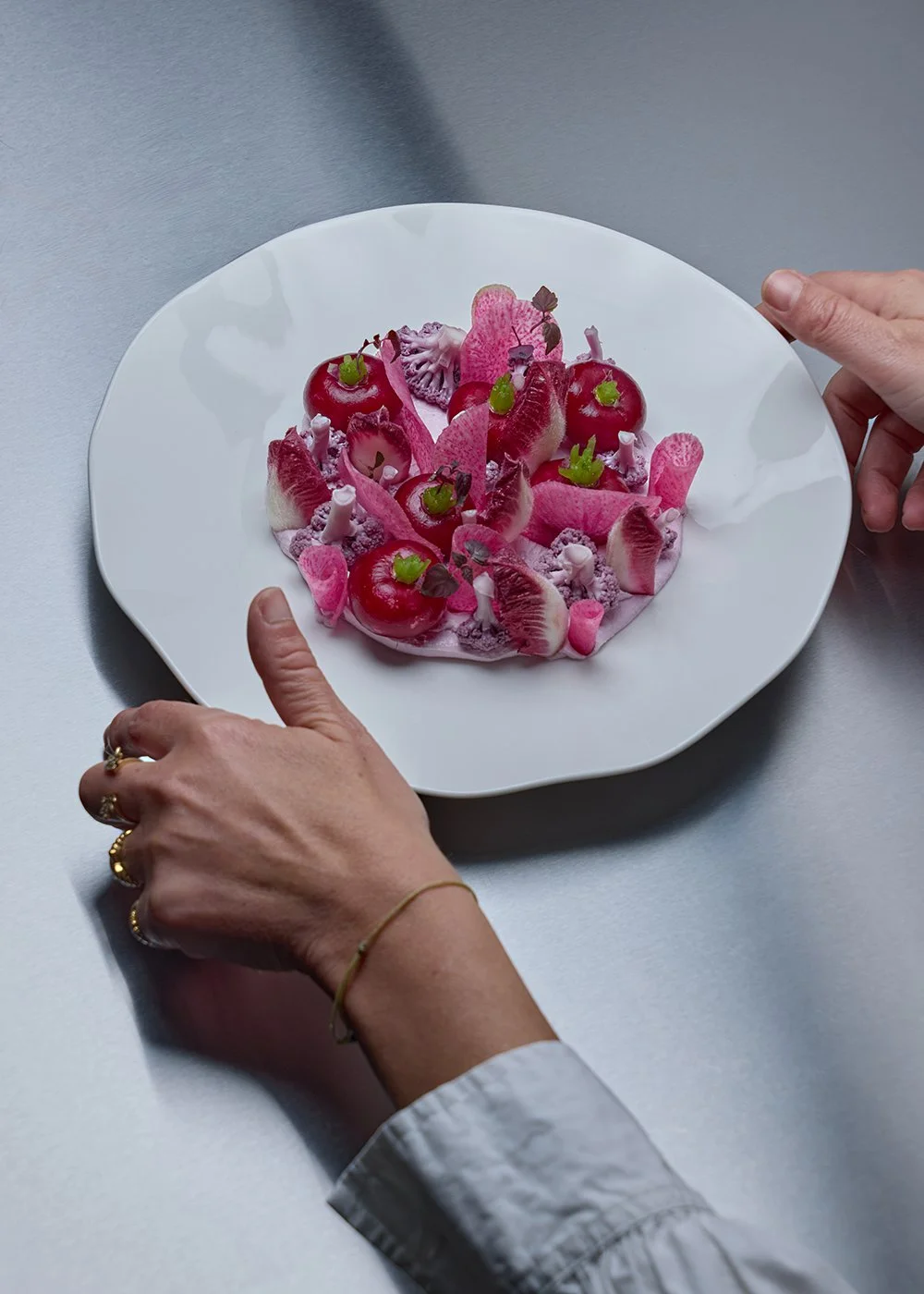 A person holding a white plate with a pink and red dessert garnished with cherries, sliced fruit, edible flowers, and small decorative elements.