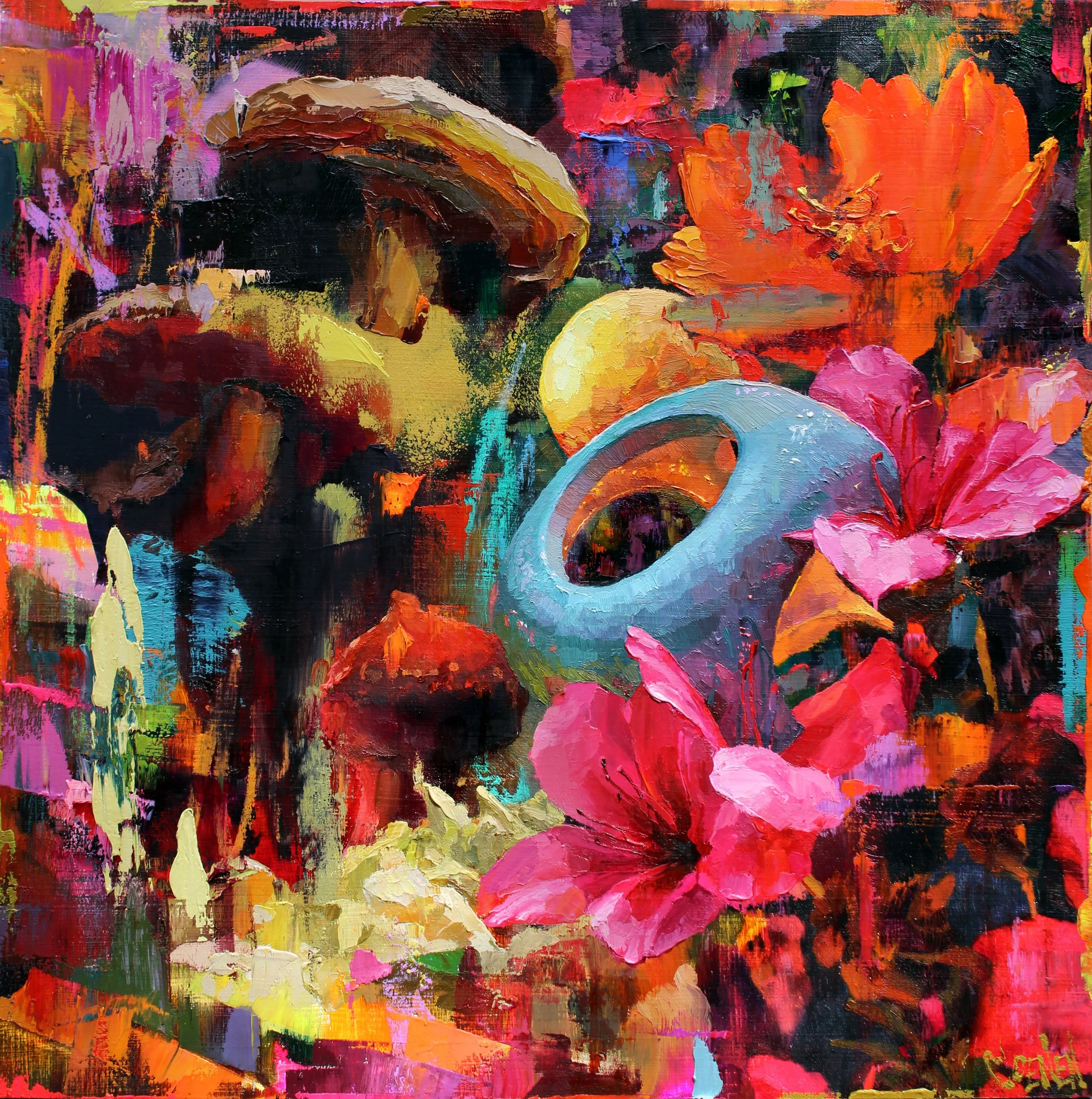  Oil, spray, and pastel on wood panel  16 × 16 in 