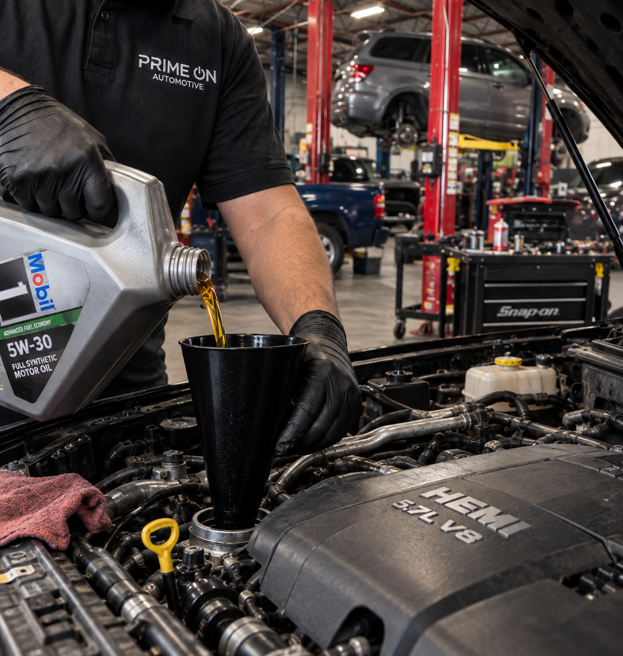 Technician performing scheduled vehicle maintenance at PrimeOn Automotive in Fort Worth, TX.