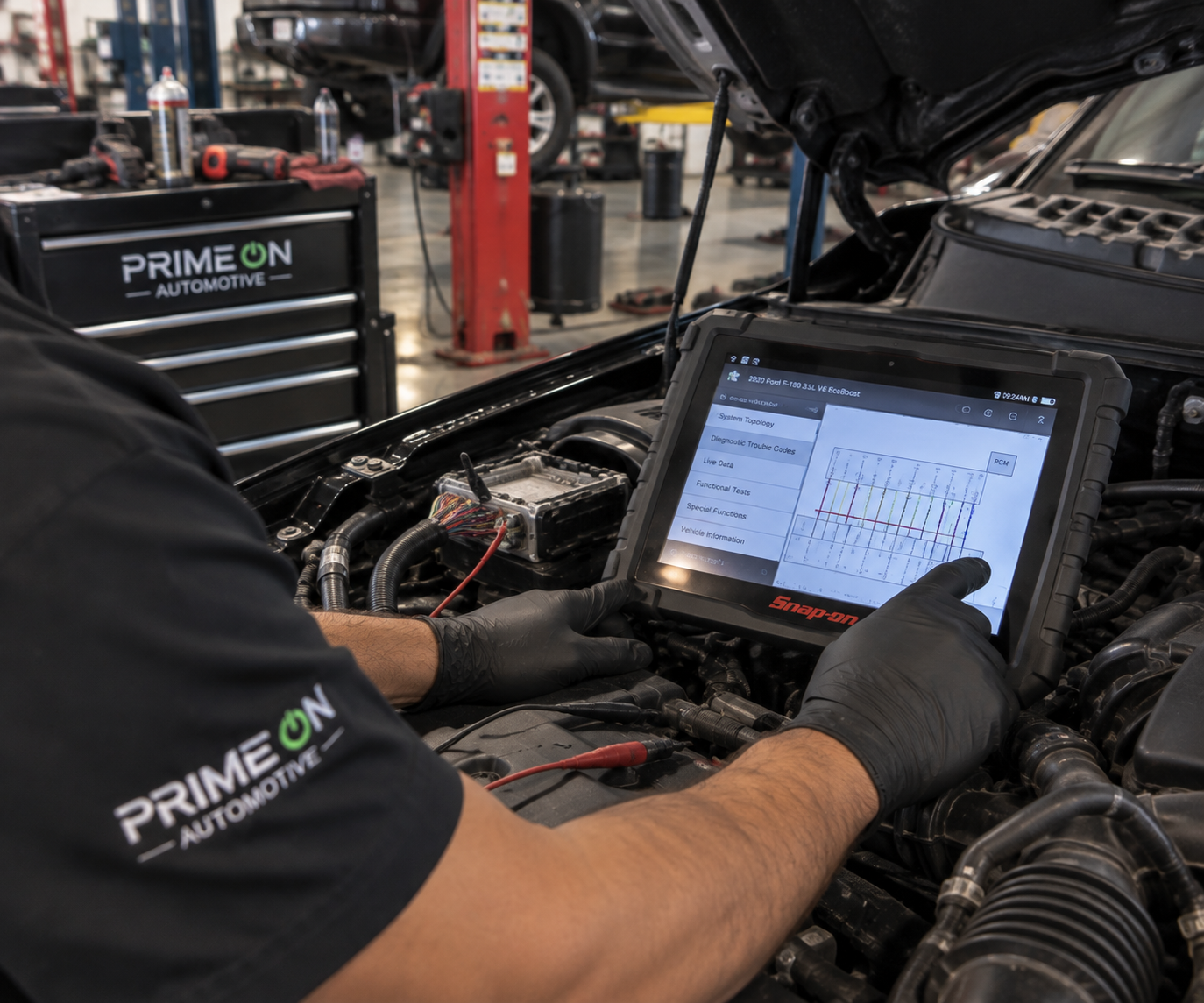 Technician performing advanced vehicle diagnostics with professional testing equipment at PrimeOn Automotive in Fort Worth, TX.