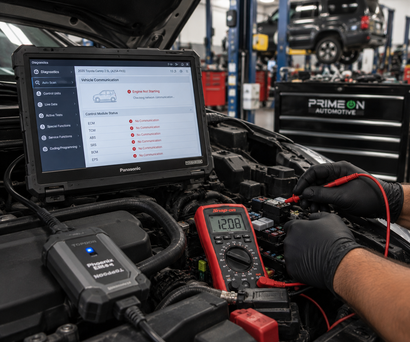 Technician performing a no-start vehicle diagnostic with professional testing equipment at PrimeOn Automotive in Fort Worth, TX.