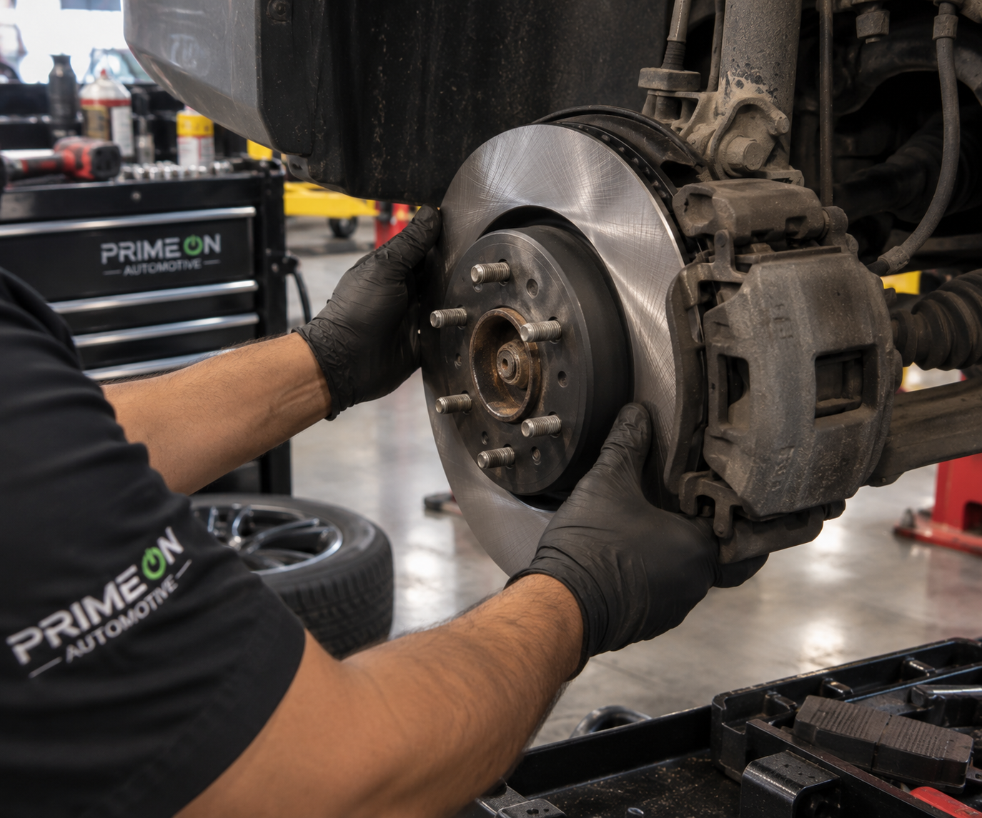 Technician installing a new brake rotor during a brake service at PrimeOn Automotive in Fort Worth, TX.