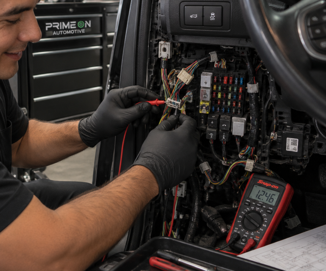 Technician testing vehicle wiring and electrical circuits with a multimeter at PrimeOn Automotive in Fort Worth, TX.