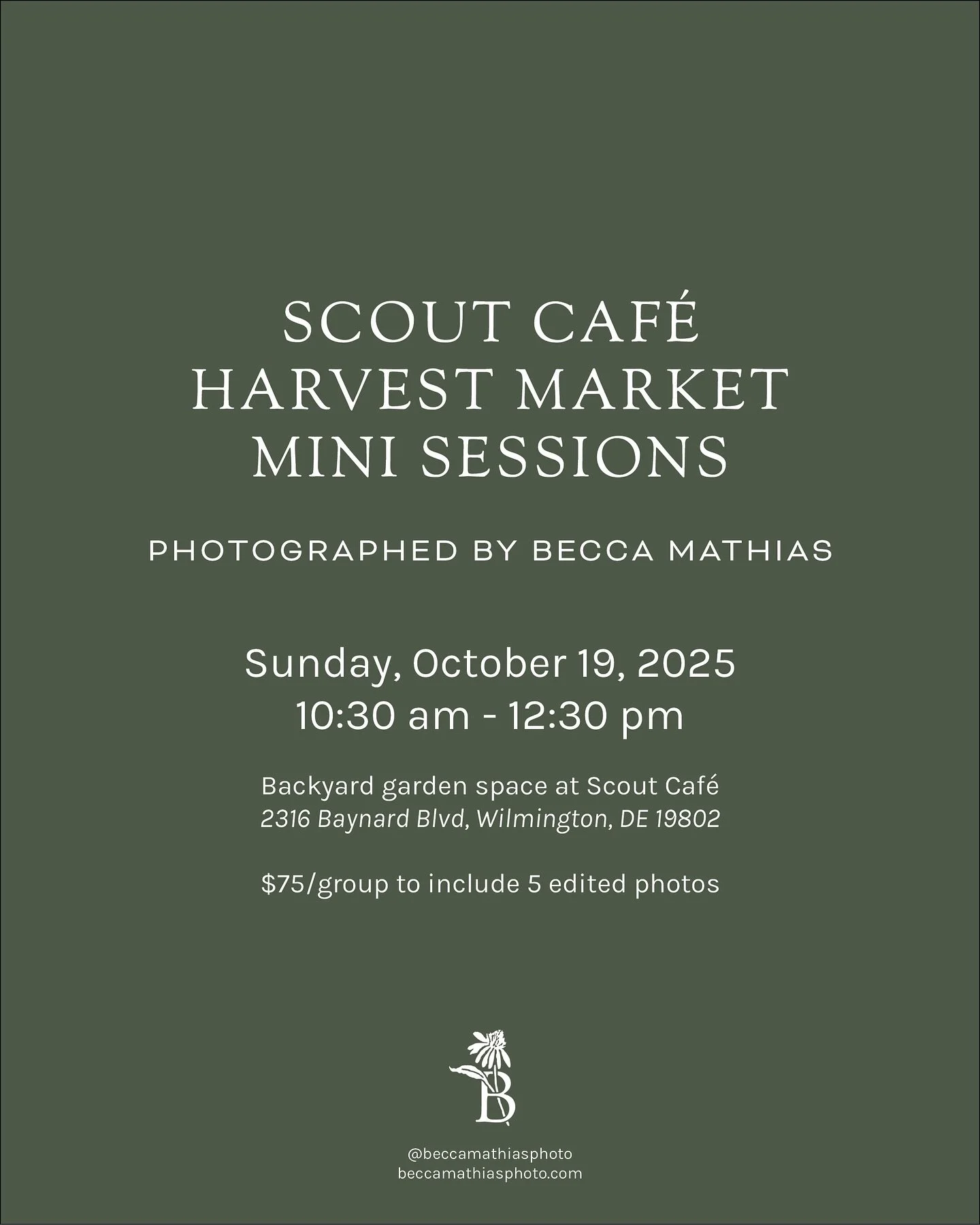 Excited to share I&rsquo;m doing a *very rare* mini portrait session opportunity at Scout Caf&eacute; for their Harvest Mini Market event on Sunday, October 19th from 10:30 am - 12:30 pm (the market itself runs from 9:00 am - 3:00 pm).

Keeping the c