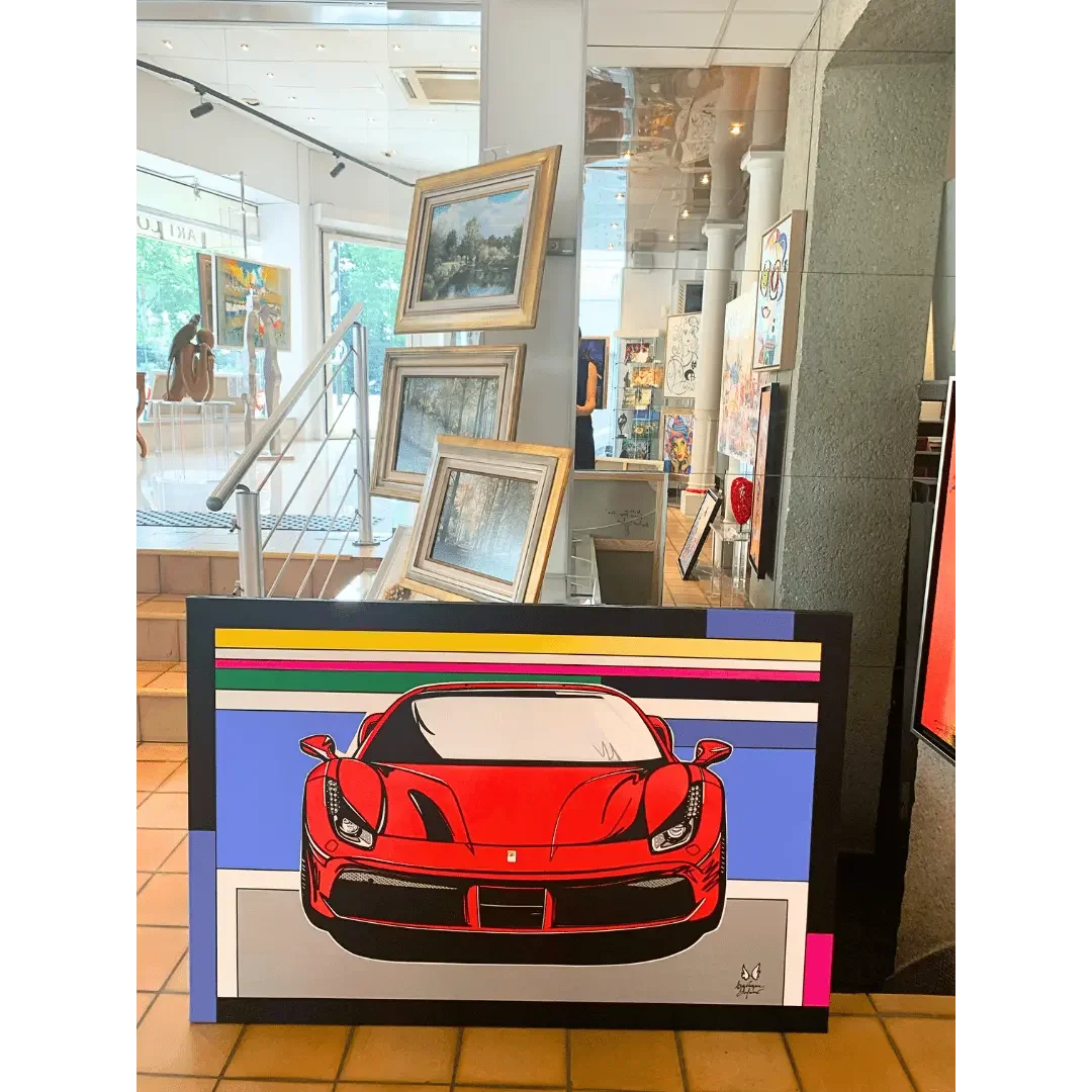 tableau ferrari rouge 488 pop art de angelique dufossé Galerie Graal Galerie d'art Agen .webp