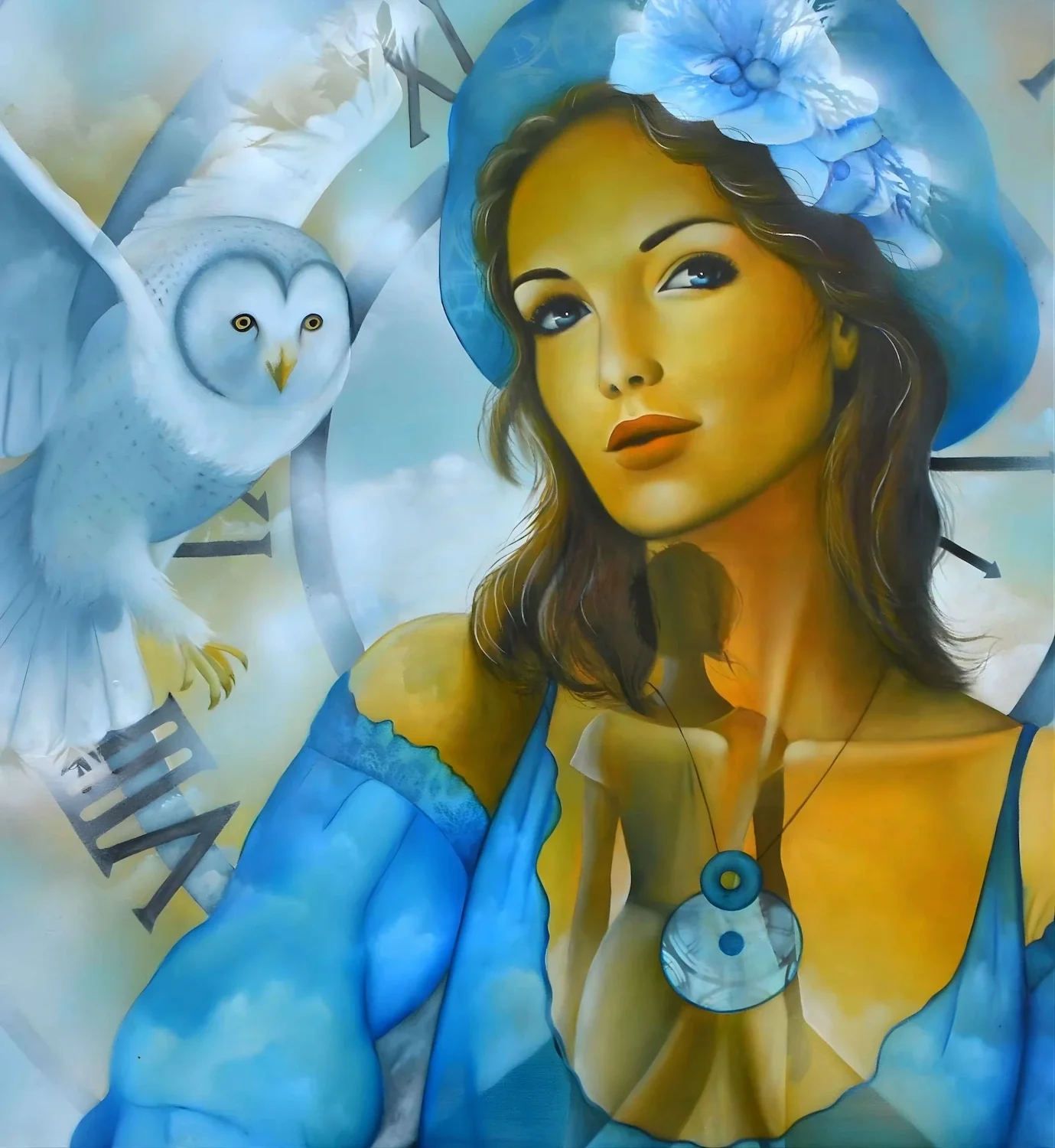 Tableau portrait femme horloge du temps de jeannette guichard bunel  Art Contemporain .webp