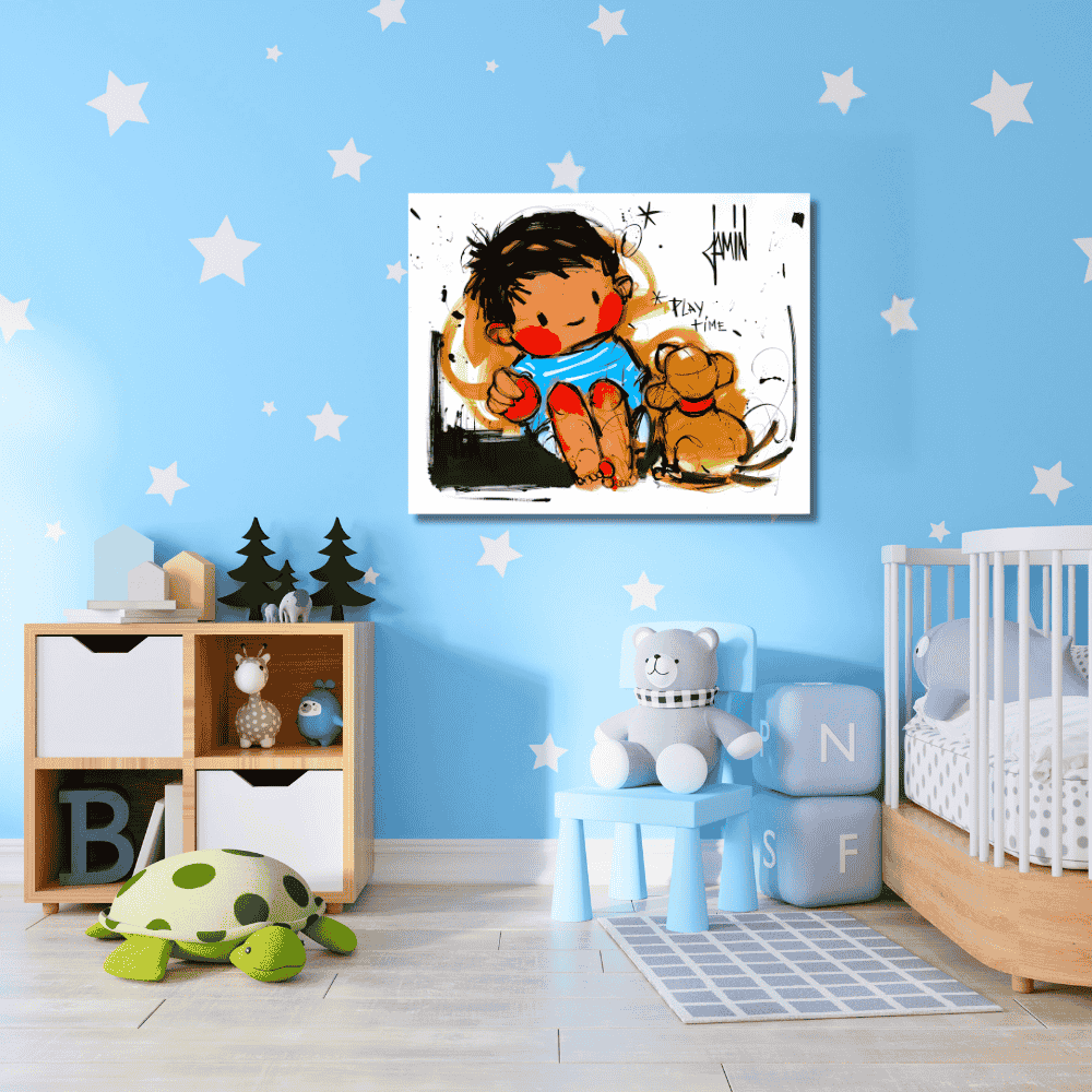 Peinture d'un garçon avec un chien pour décorer une chambre d'enfant par David Jamin Galerie Graal 