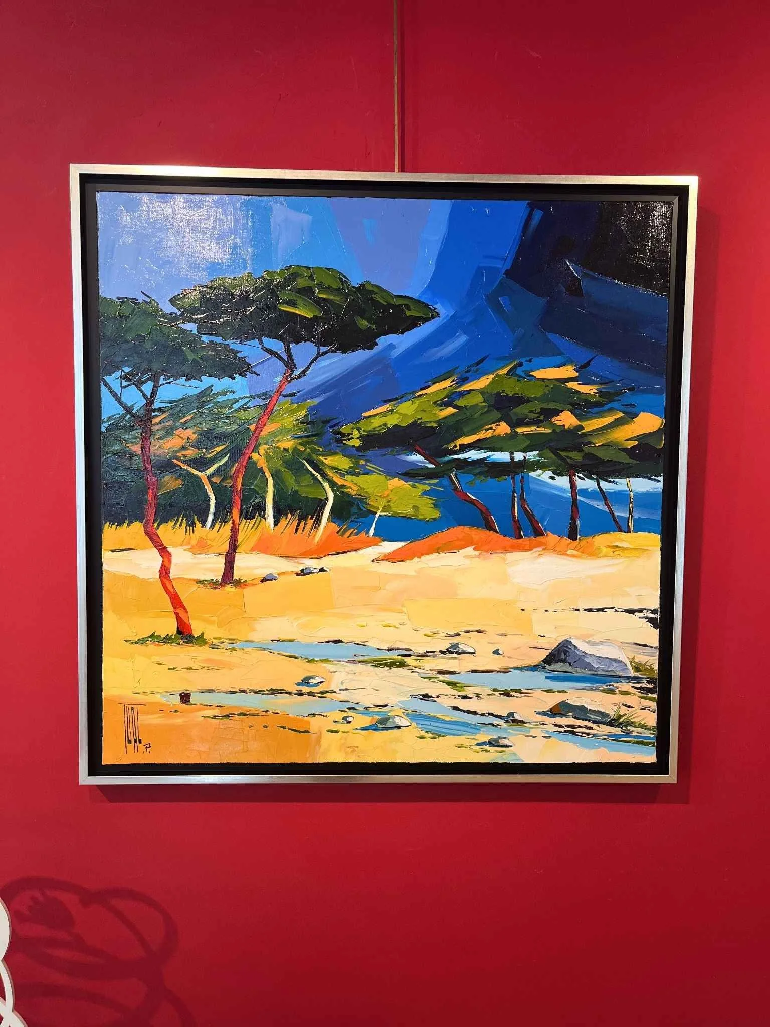 Tableau "Grève aux pins" de Pierrick Tual Galerie Graal Galerie d'art en Ligne Art Contemporain tableau figuratif peinture au couteau tableau sur la mer tableau océan tableau arbre